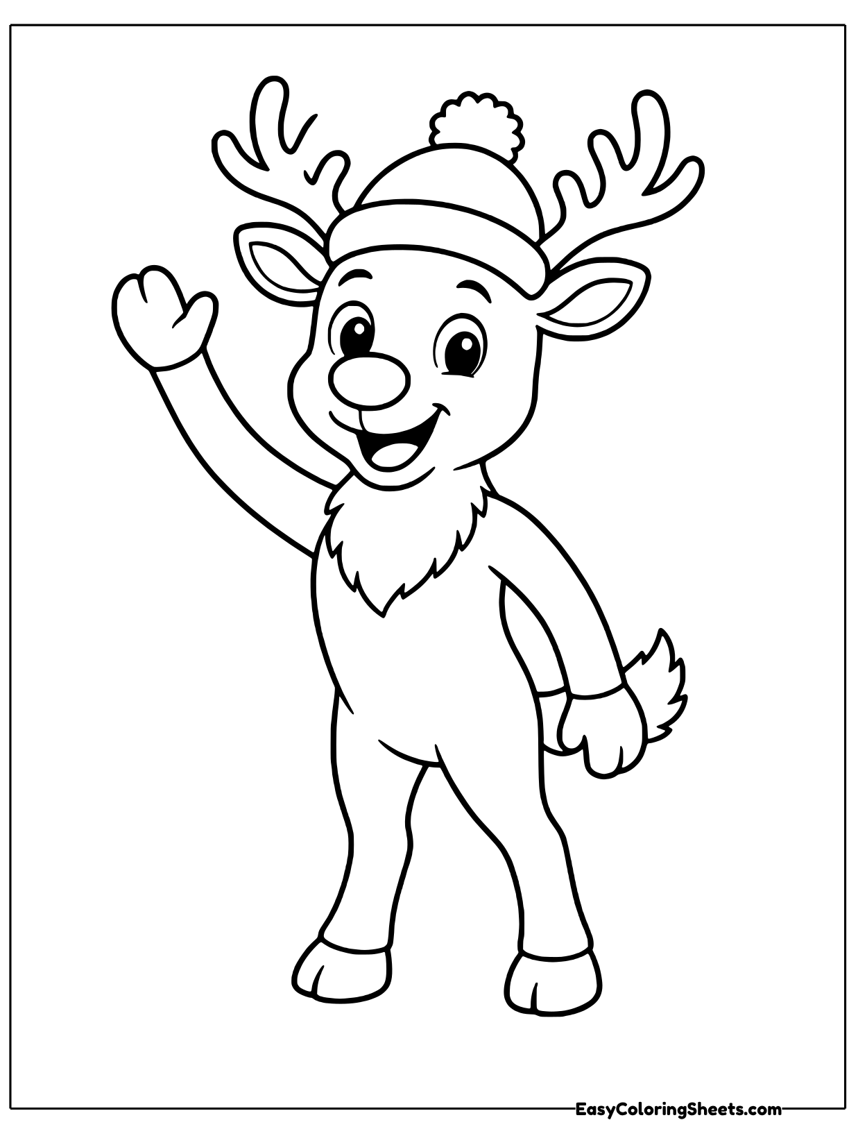 A reindeer wearing a pom pom hat stands and waves one hoof with a big smile.
