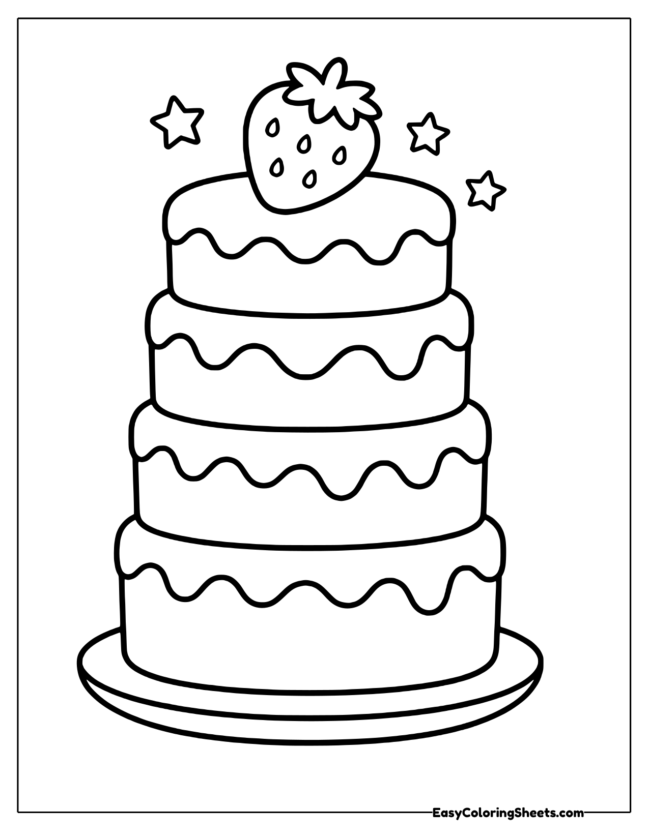 A mini tiered cake has stacked layers with wavy frosting and a big strawberry perched on top, with little stars nearby.