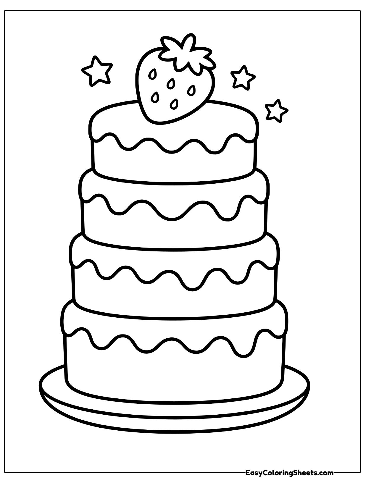 A mini tiered cake has stacked layers with wavy frosting and a big strawberry perched on top, with little stars nearby.