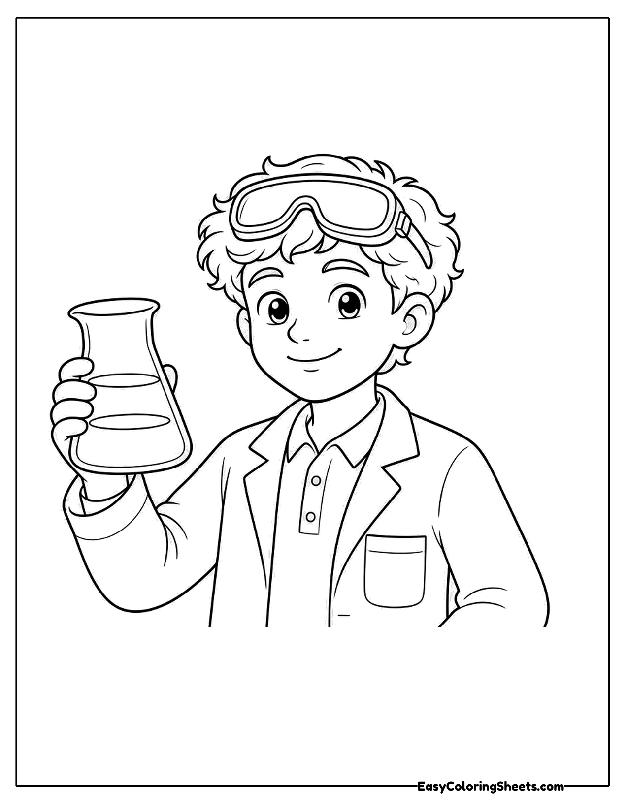 Young scientist in goggles and a lab coat holding a flask