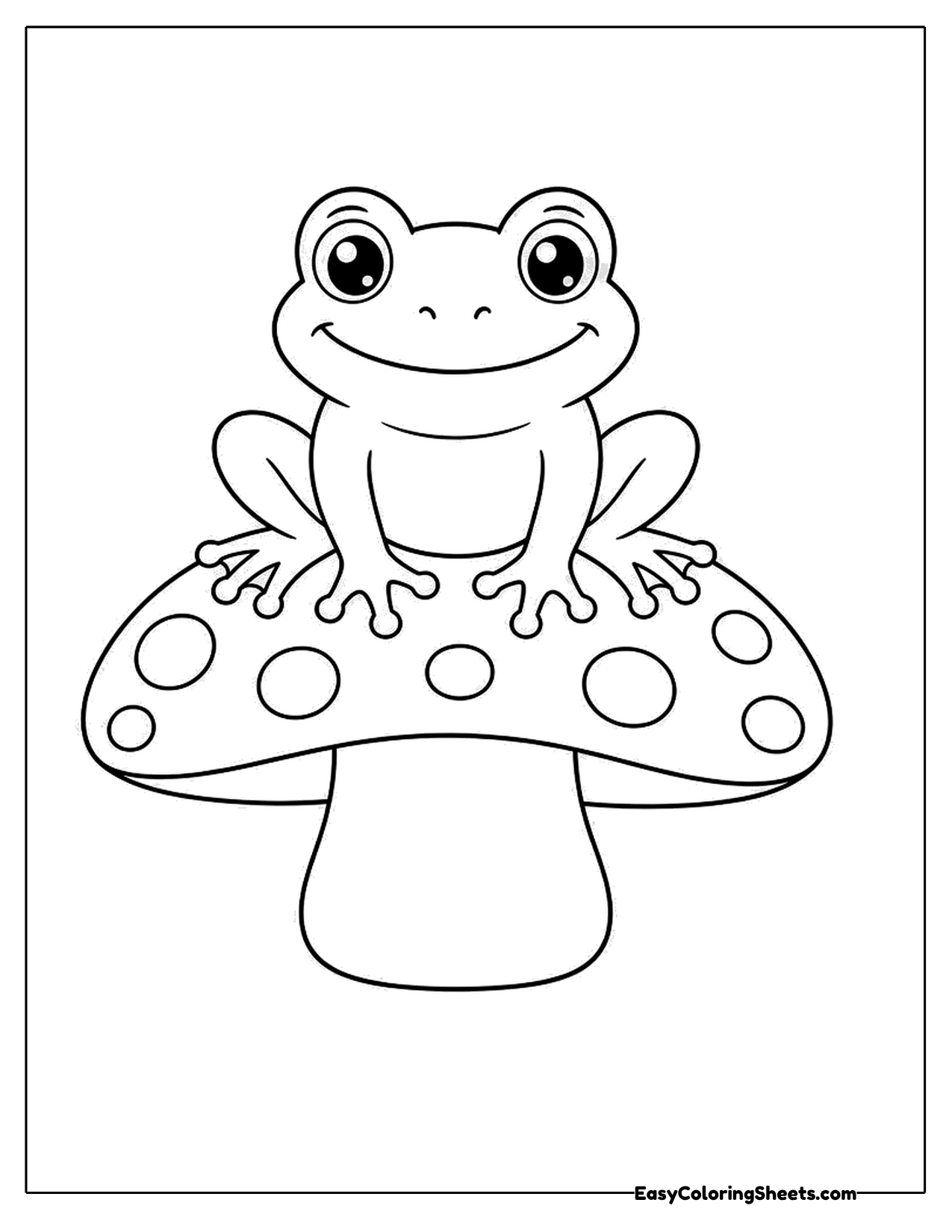 Frog sitting on top of a large spotted mushroom cap