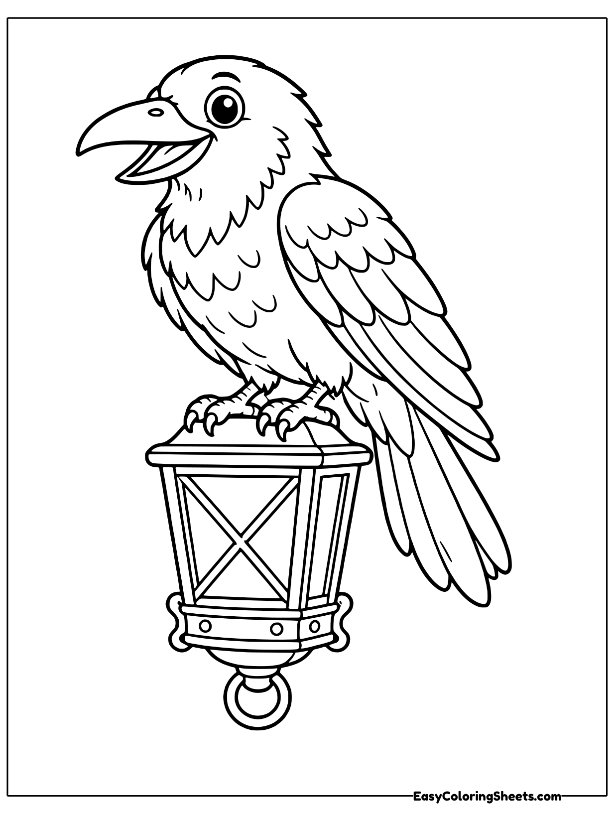 A raven sits on top of an old fashioned hanging lantern with glass panes.