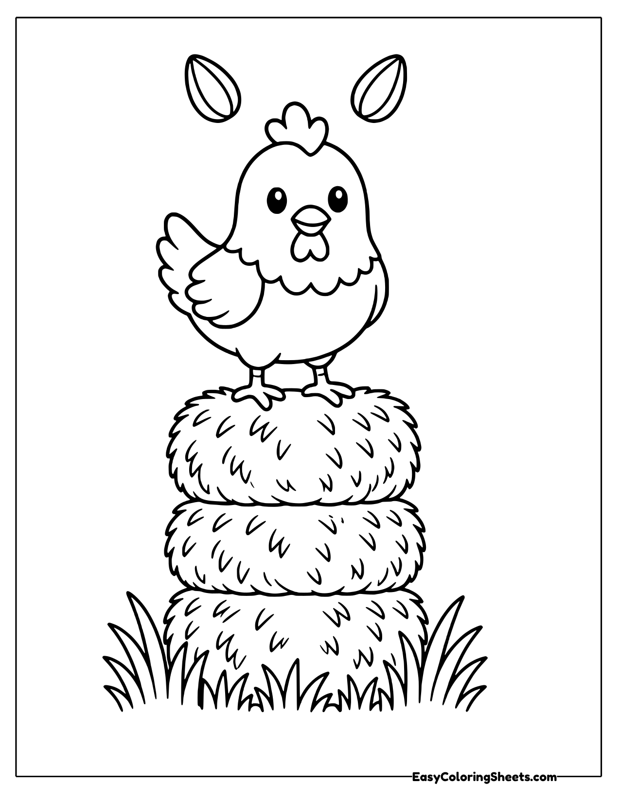Chicken perched on stacked hay bales