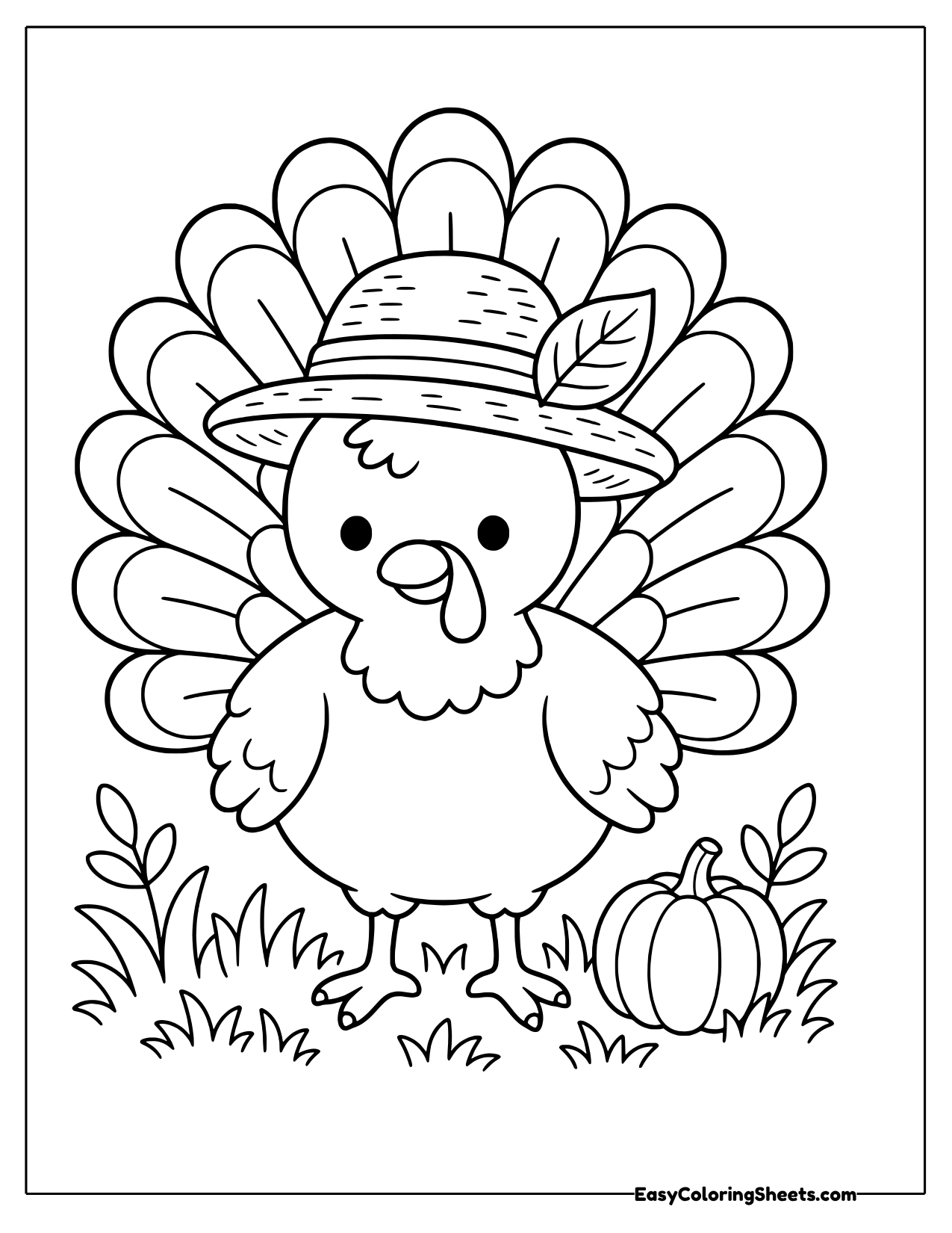 Cute turkey wearing a straw farmer hat beside a small pumpkin