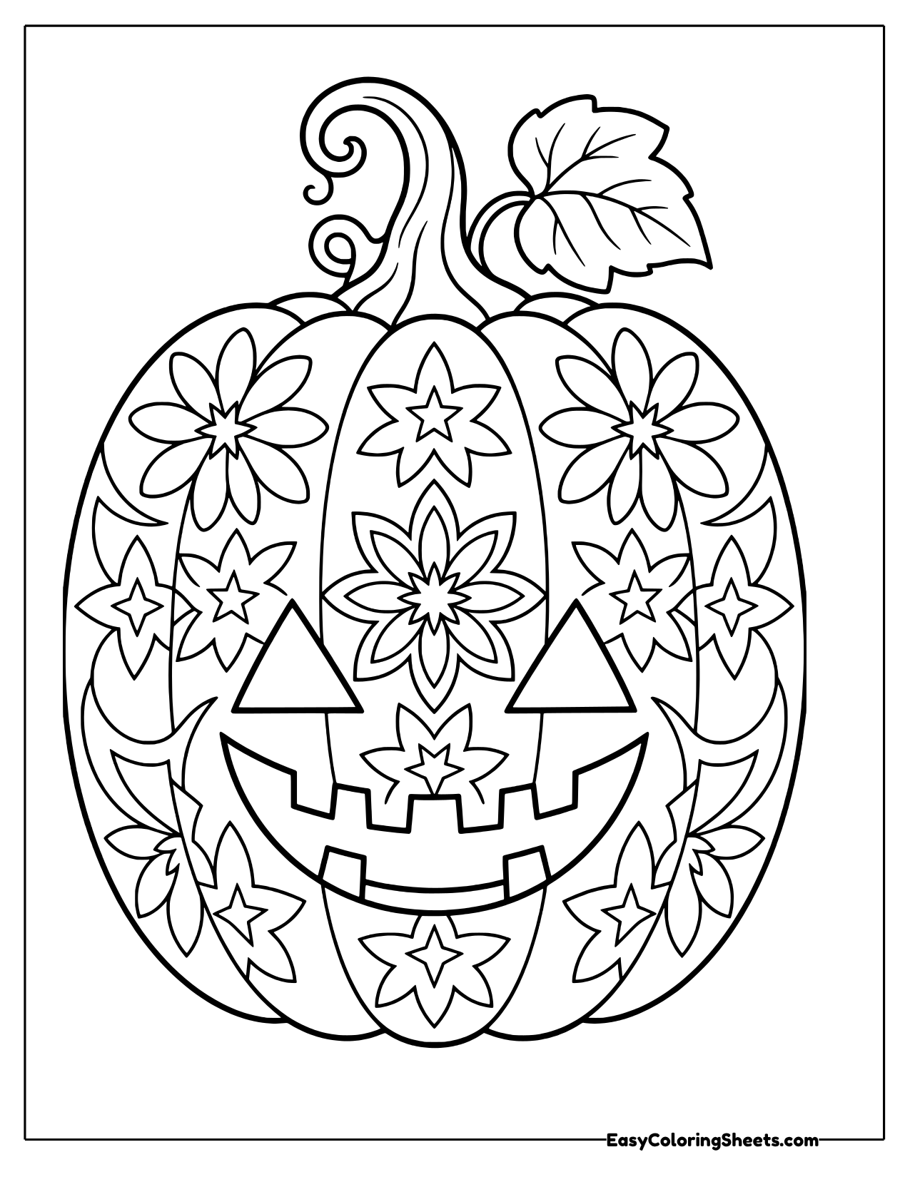 Carved Jack-o'-Lantern mandala with flower and star patterns, curly stem and leaf