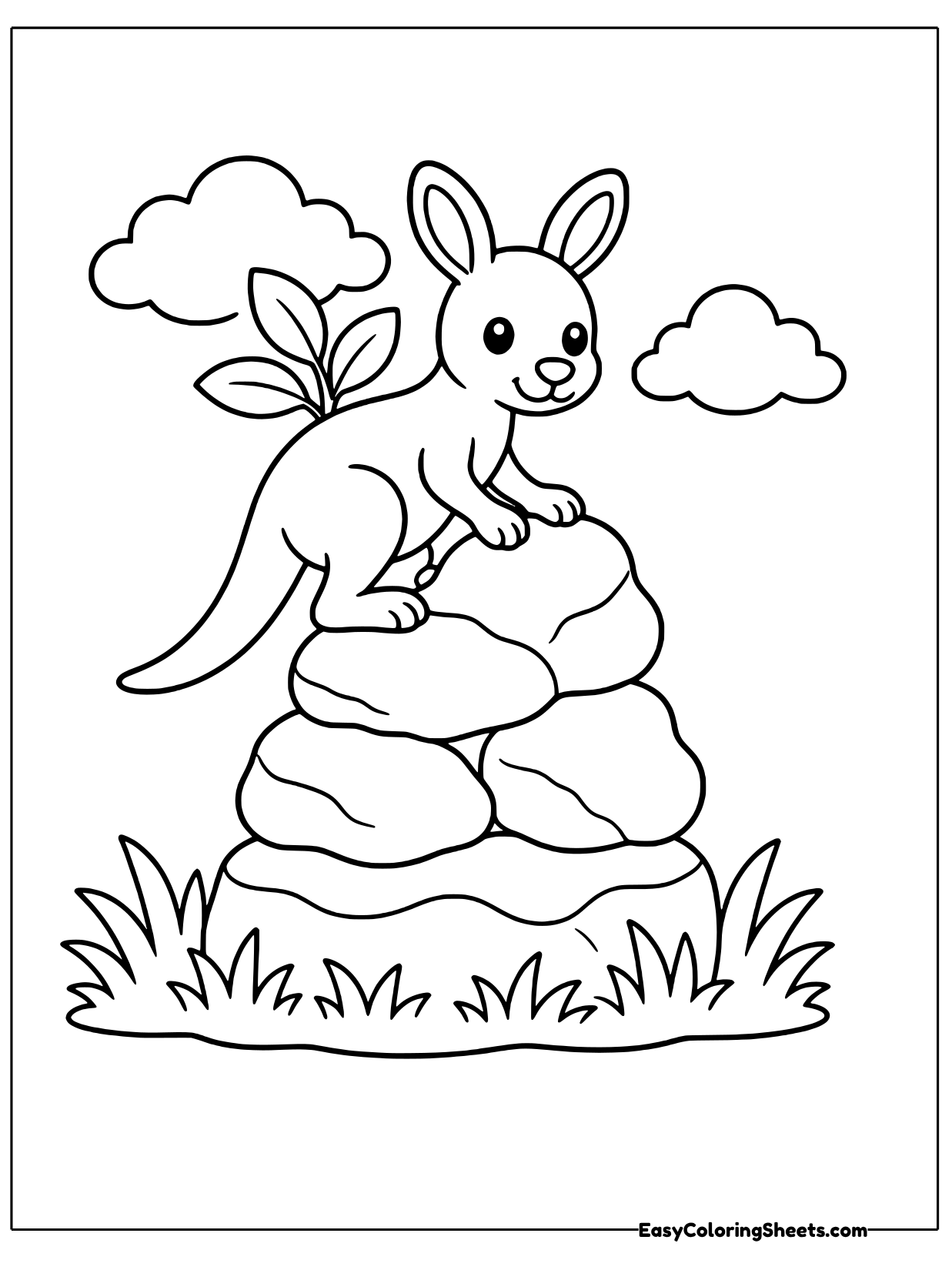 A small kangaroo perches on a pile of smooth rounded rocks with grass at the bottom and clouds overhead.