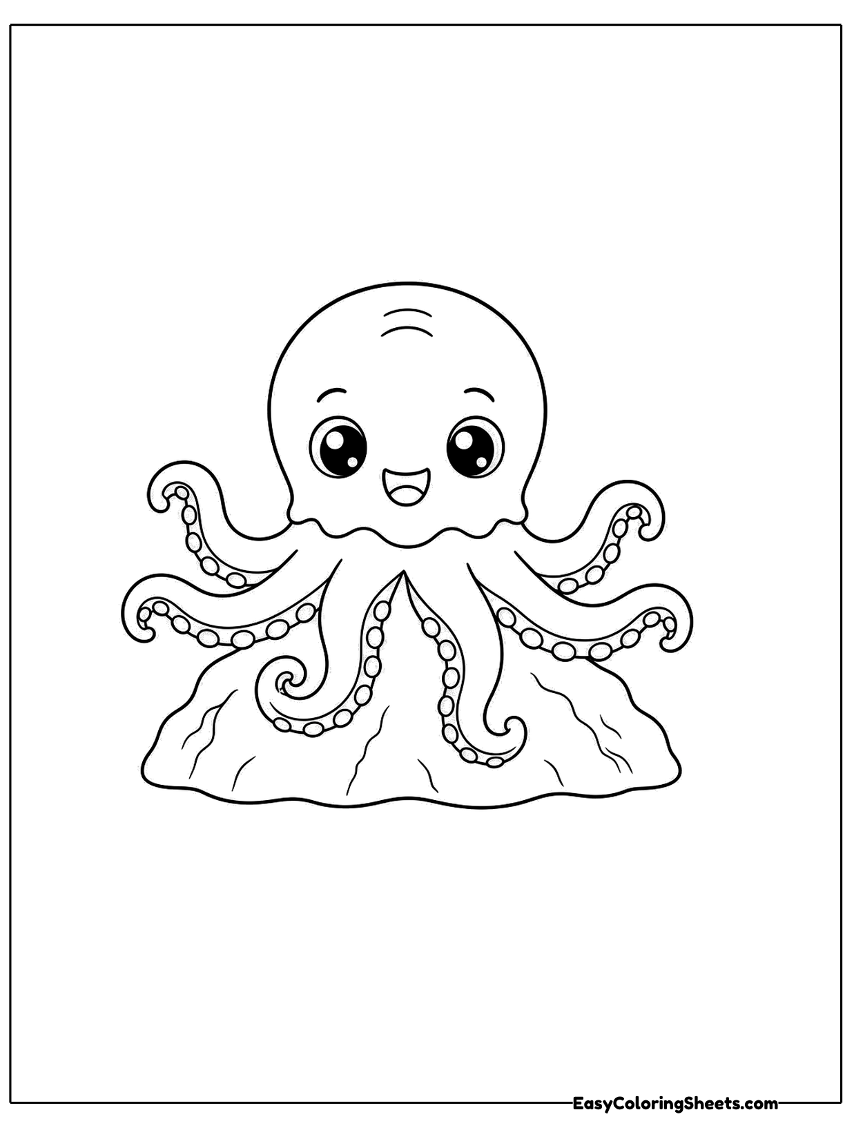 A smiling octopus sits on top of a rounded rock with its arms draped down the sides.