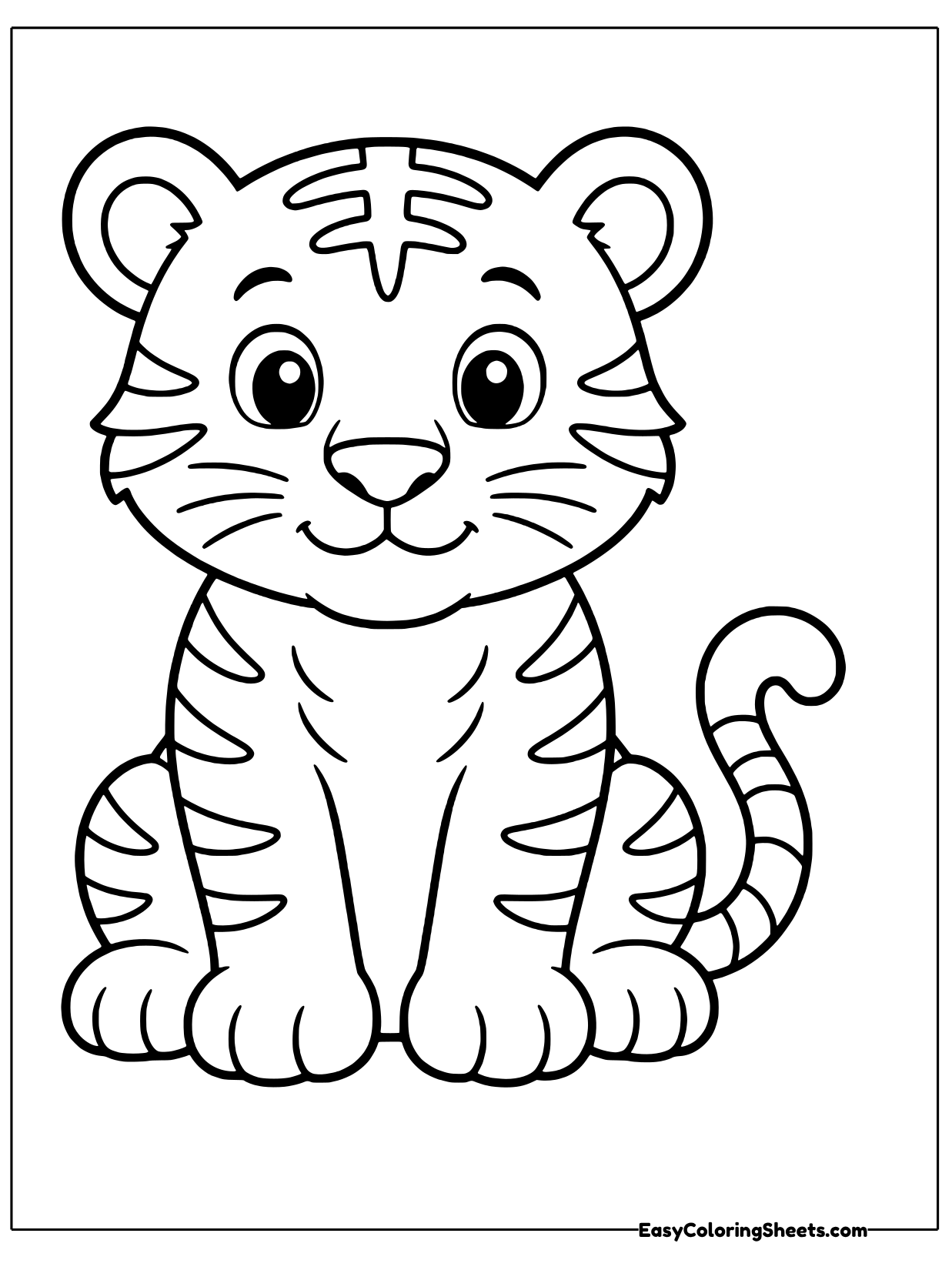 A simple tiger with thick bold lines, big round ears and a few stripes sits in the middle of the page.