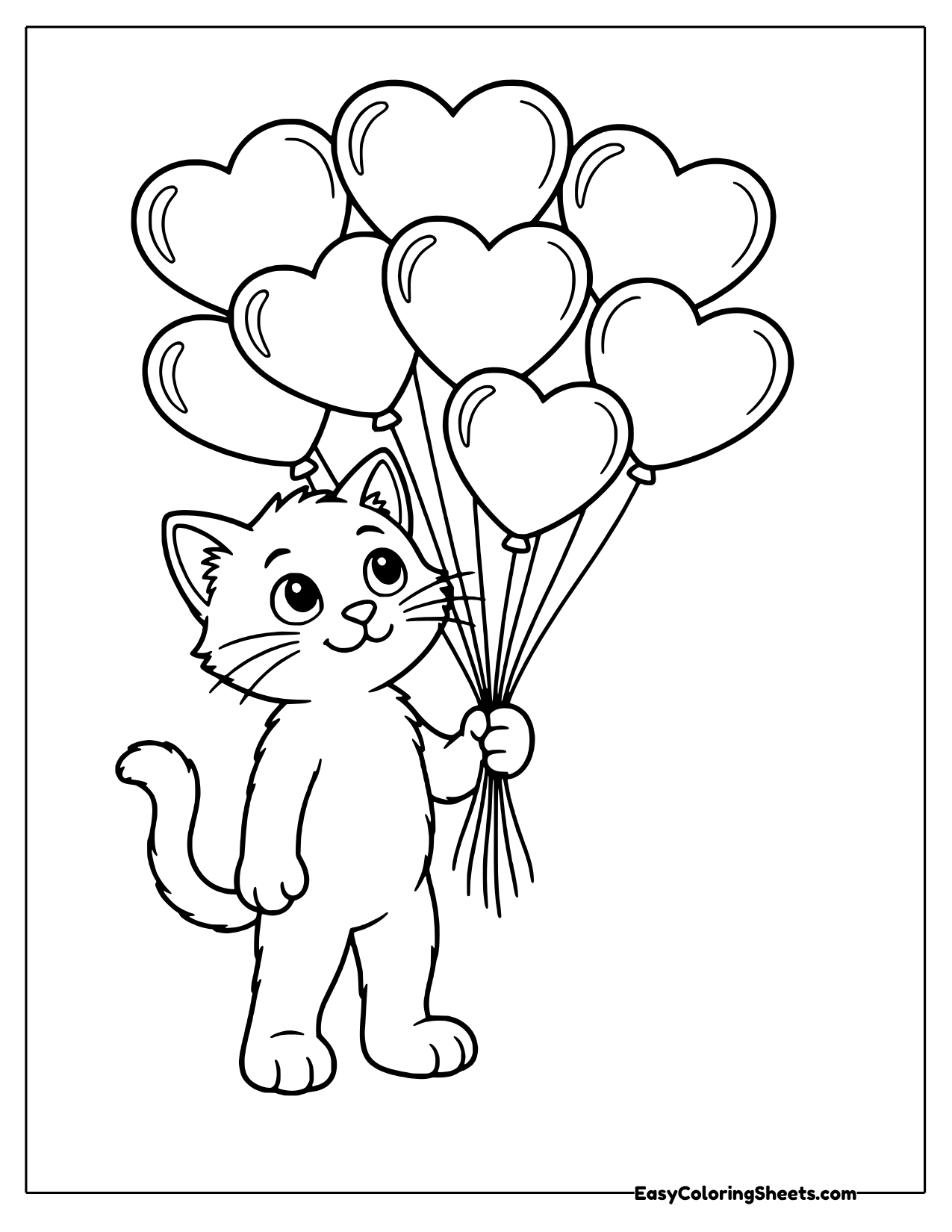 Standing kitten holding a bunch of nine heart-shaped balloons on strings