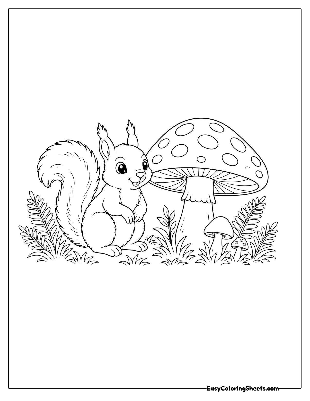 Squirrel standing next to a spotted mushroom