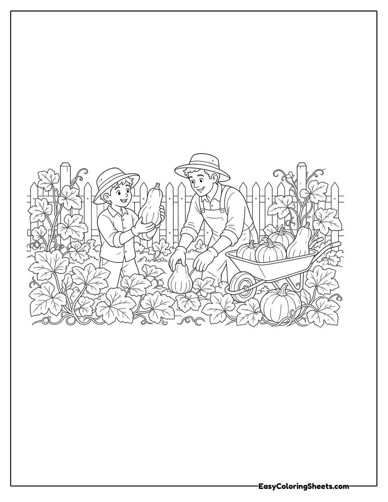Family gathering squash and pumpkins in a leafy garden