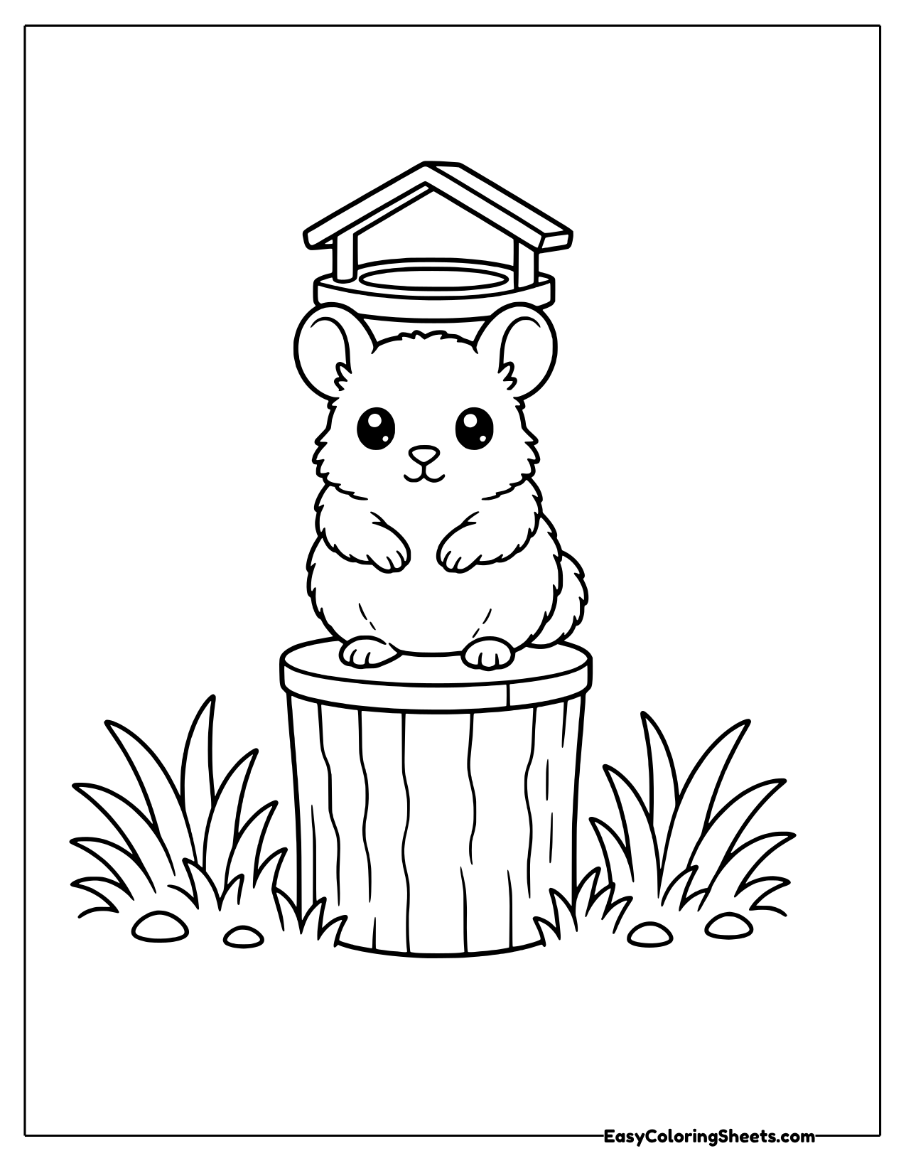 Chinchilla sitting on a post under a birdhouse