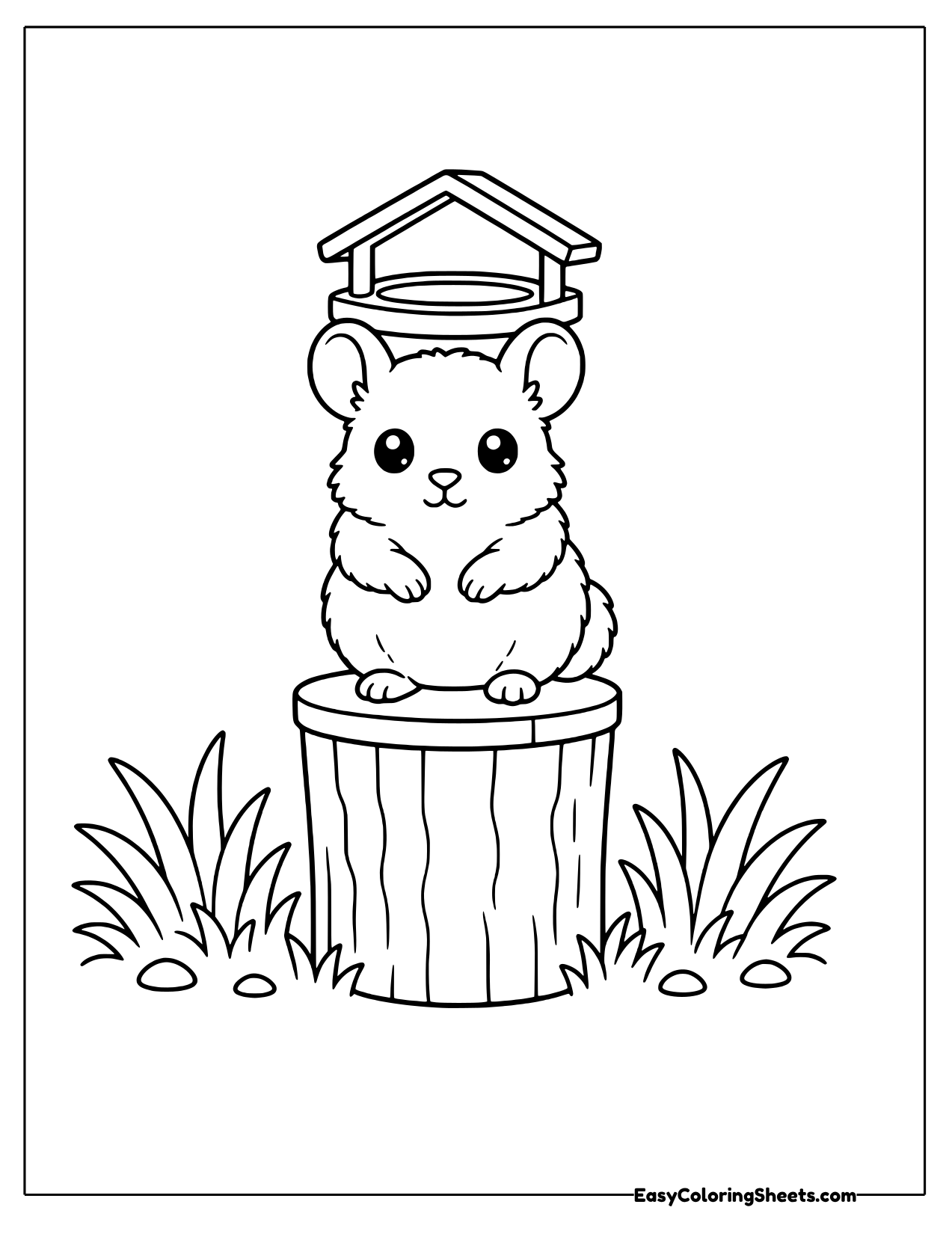 Chinchilla sitting on a post under a birdhouse