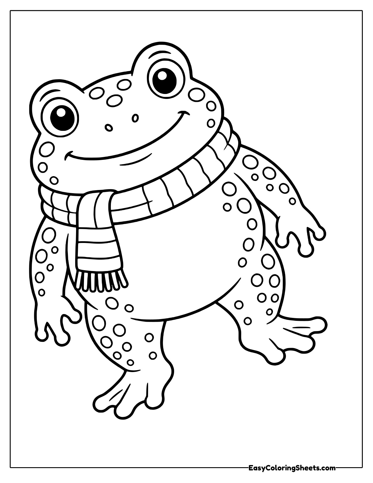 Happy bumpy toad strolling in a cozy striped scarf