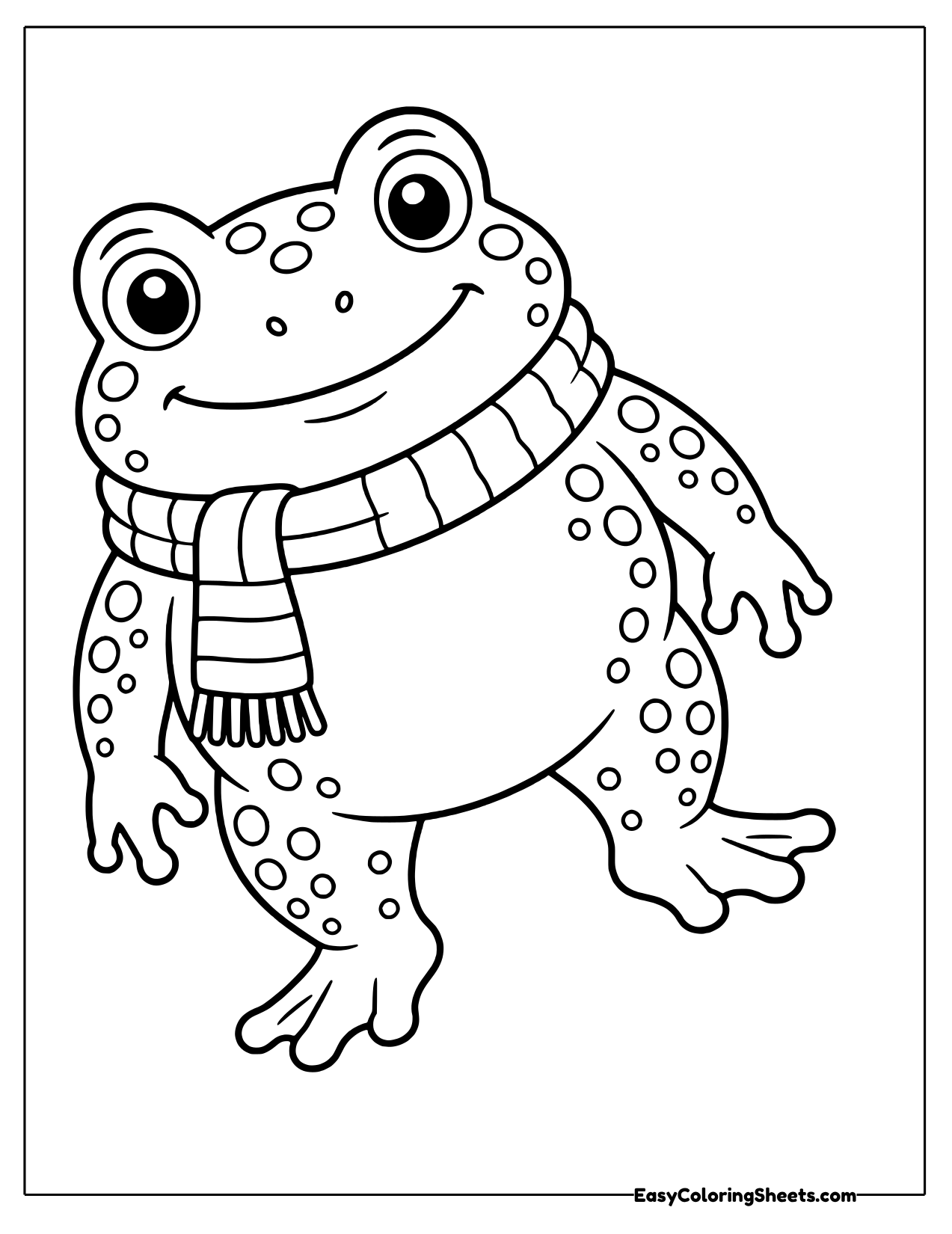 Happy bumpy toad strolling in a cozy striped scarf