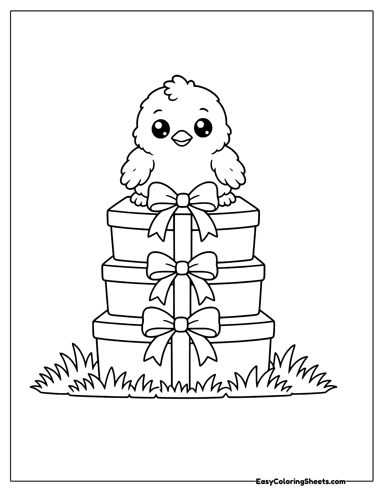 Chick on top of three stacked gift boxes