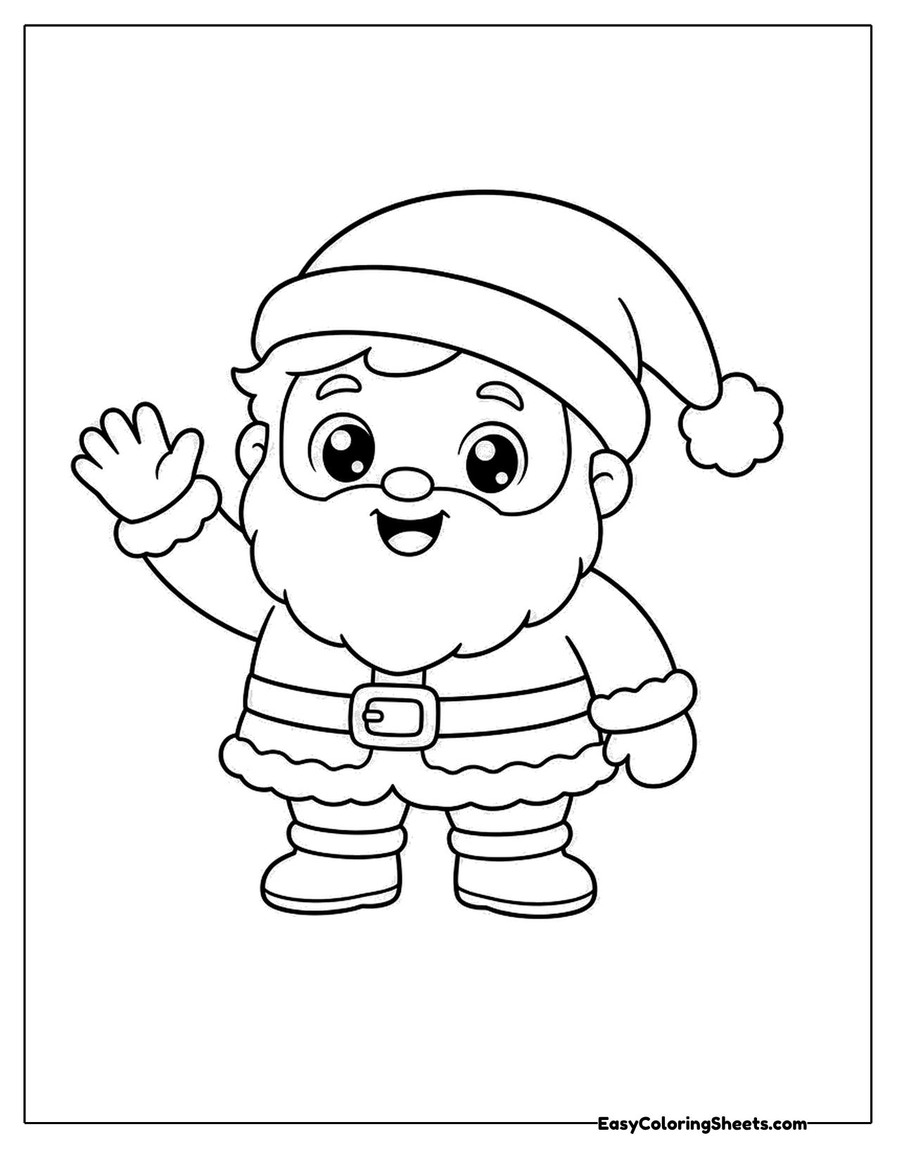 Cheerful cartoon Santa waving with a fluffy hat and big belt