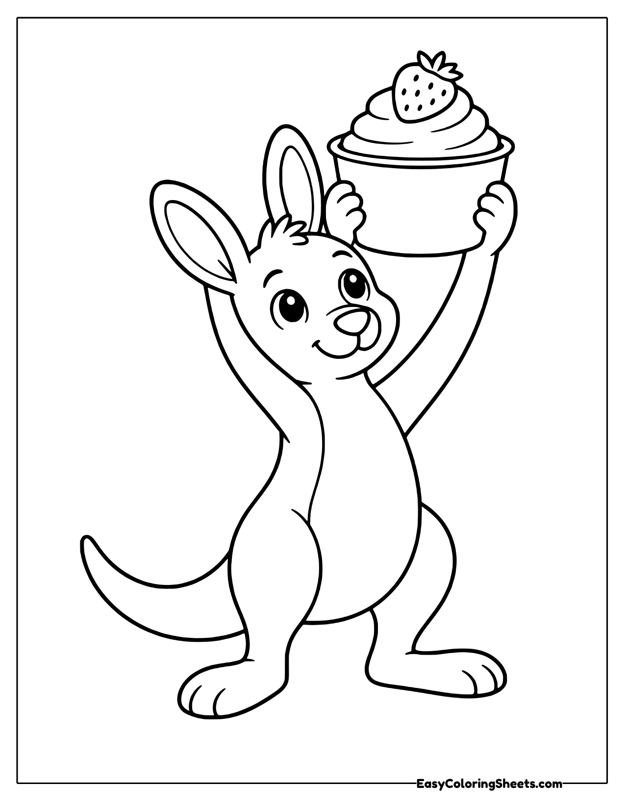 Friendly kangaroo holding up a yogurt cup with a strawberry on top
