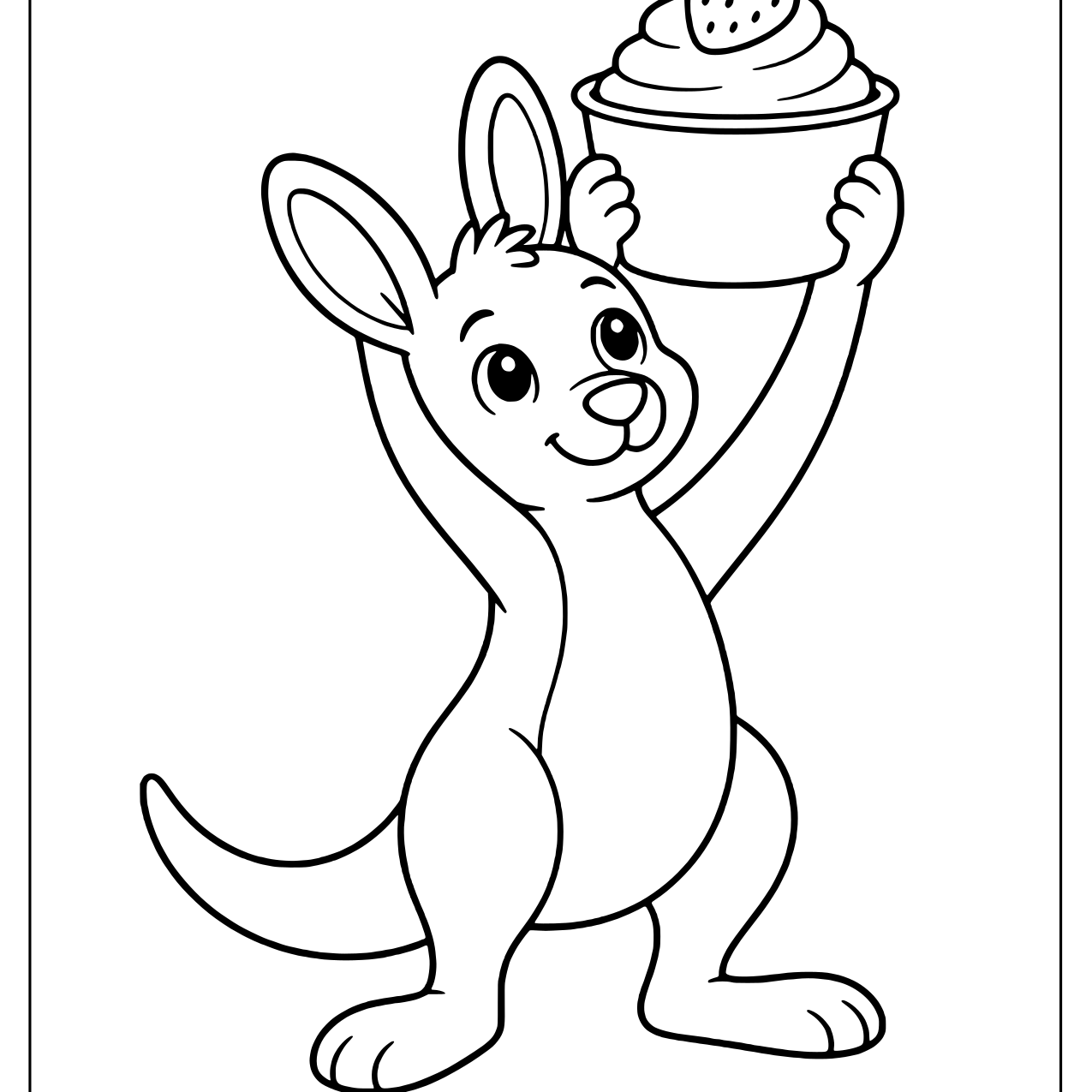 Friendly kangaroo holding up a yogurt cup with a strawberry on top