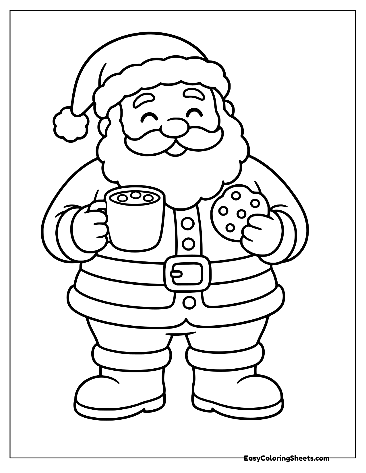 Santa holding a mug of cocoa and a cookie