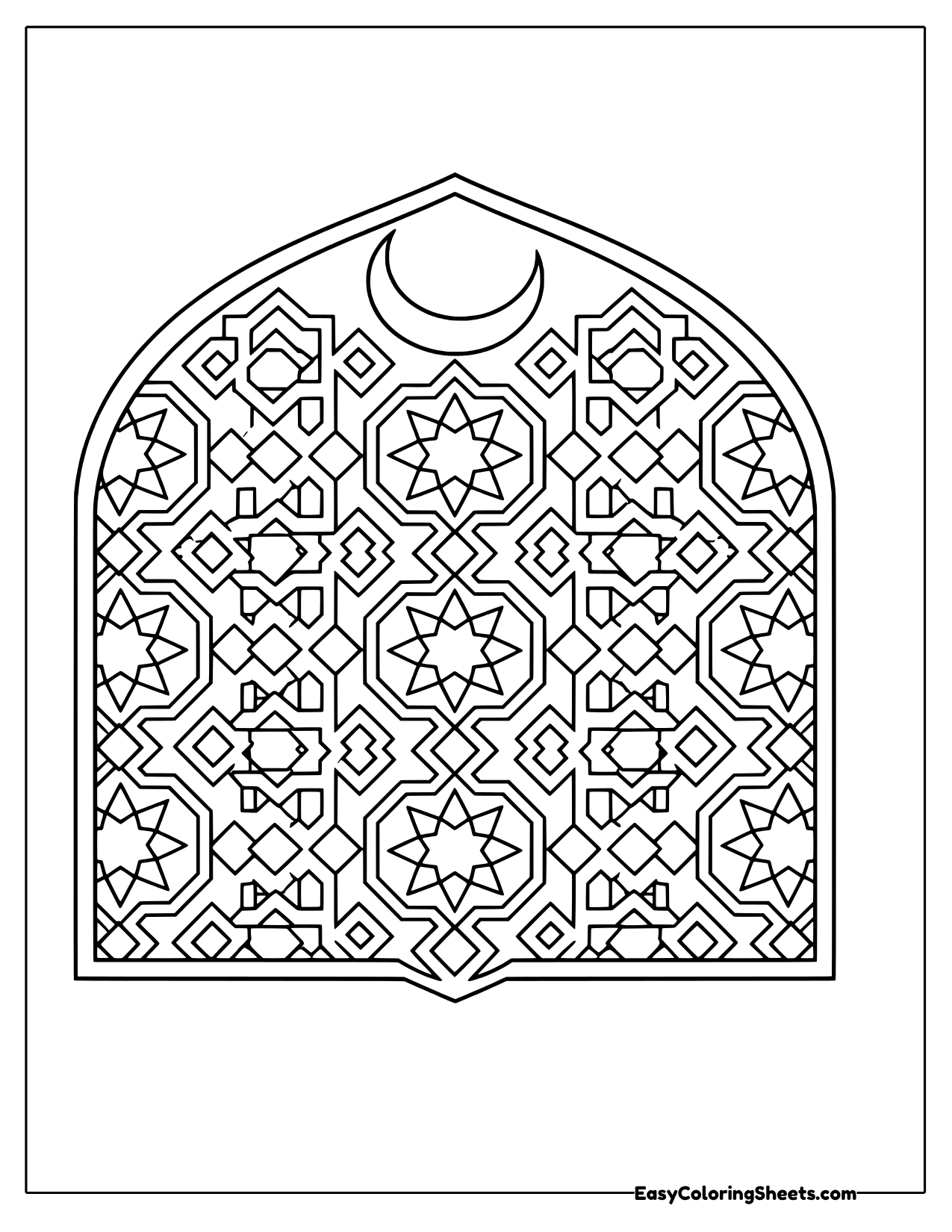 Arched window filled with eight-pointed star geometric tiles and a crescent moon on top