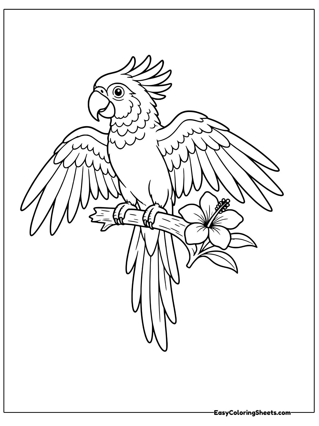 A macaw lands on a branch with its wings spread open and a hibiscus flower blooming below its feet.