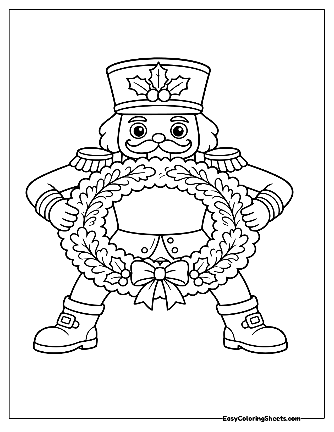 Nutcracker holding up a round Christmas wreath