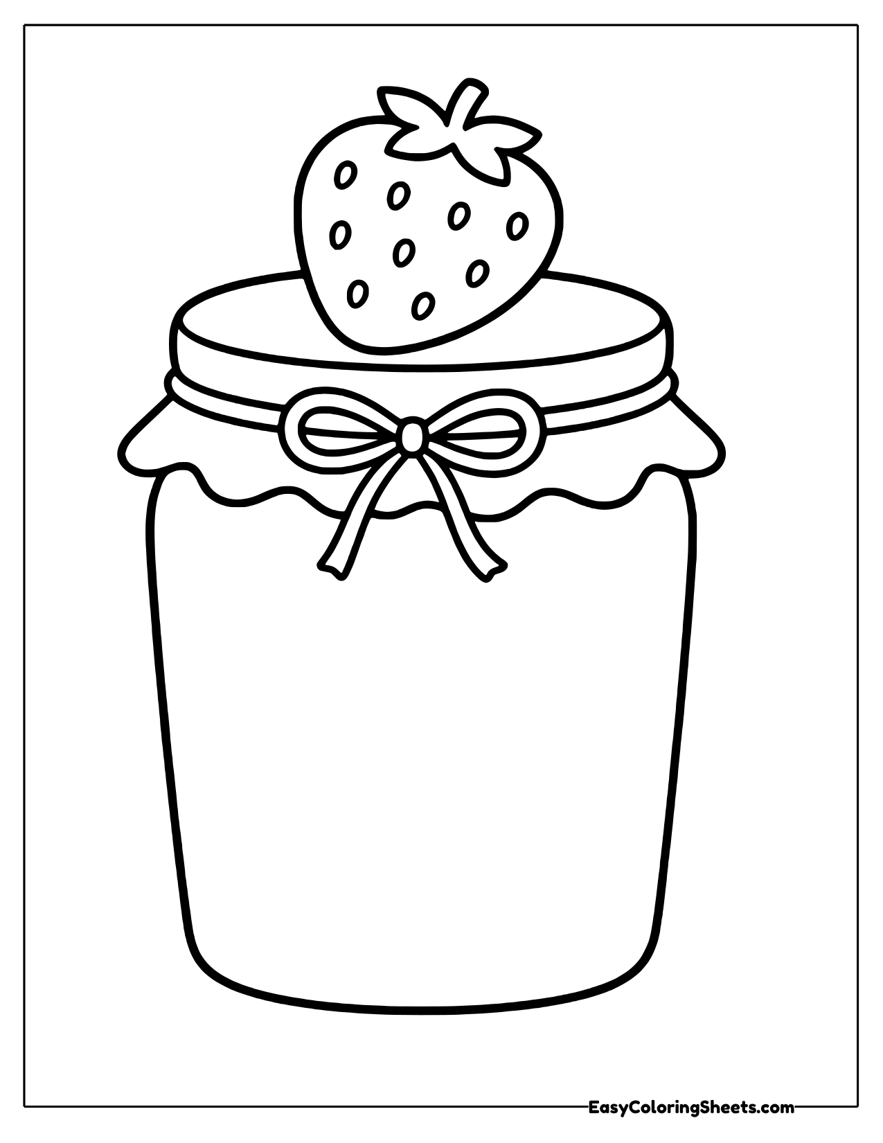 A tall jar of strawberry jam has a ruffled cloth lid tied with a bow and a fresh strawberry sitting right on top.