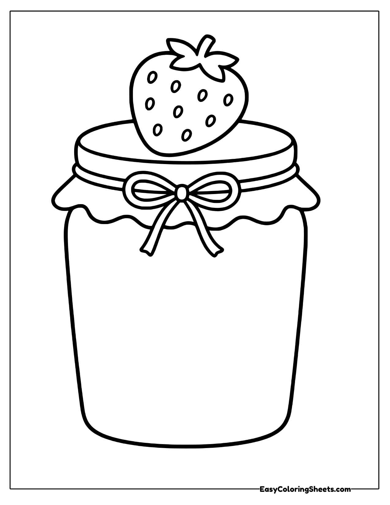 Tall strawberry jam jar with a ruffled lid and a berry on top