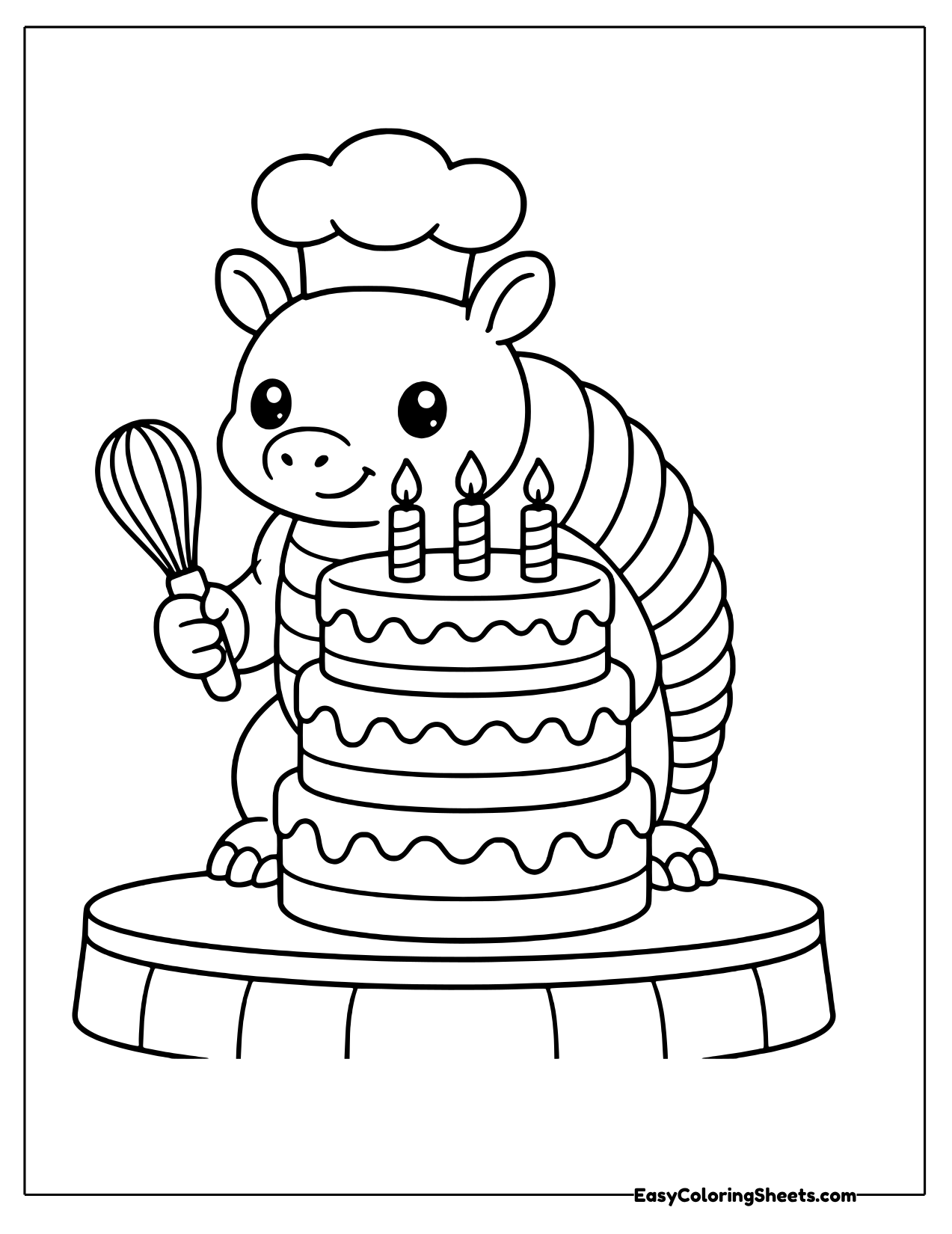 Armadillo baker with a whisk and birthday cake