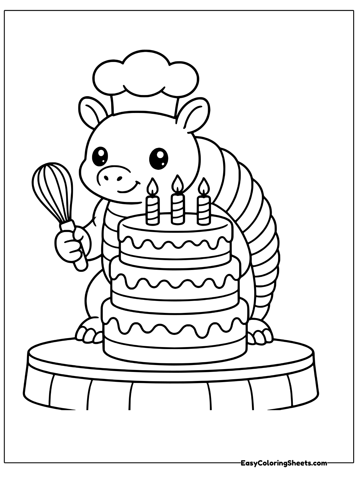 An armadillo in a chef hat holds a whisk beside a tall layered birthday cake with candles on a round table.