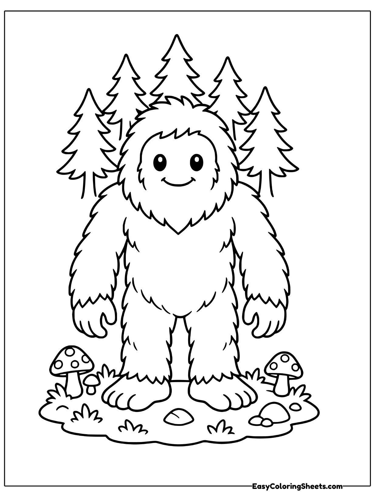 A Bigfoot stands facing forward among tall pine trees with mushrooms at its feet.