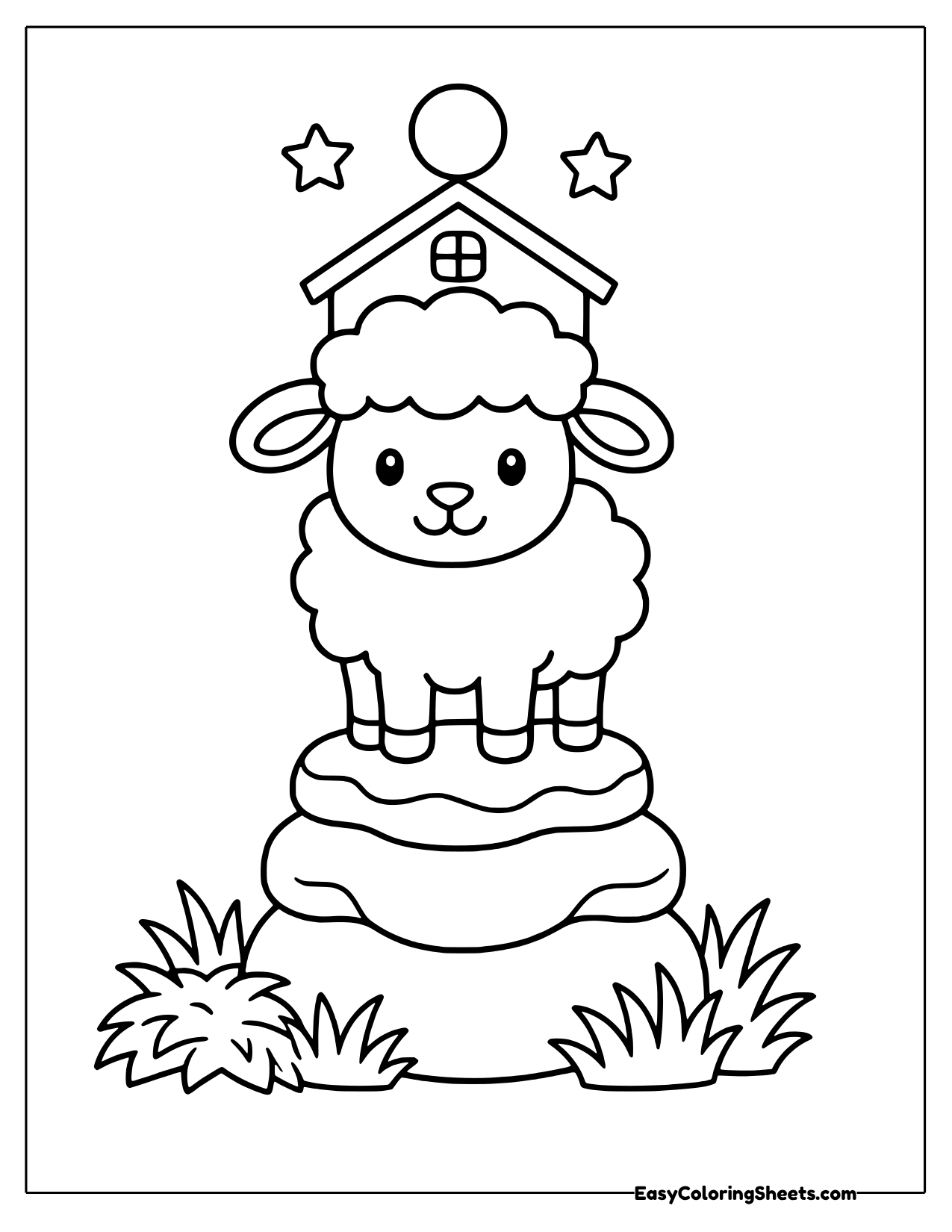 A smiling sheep with a cloudlike fleece stands on top of a few rounded stones and grassy tufts.