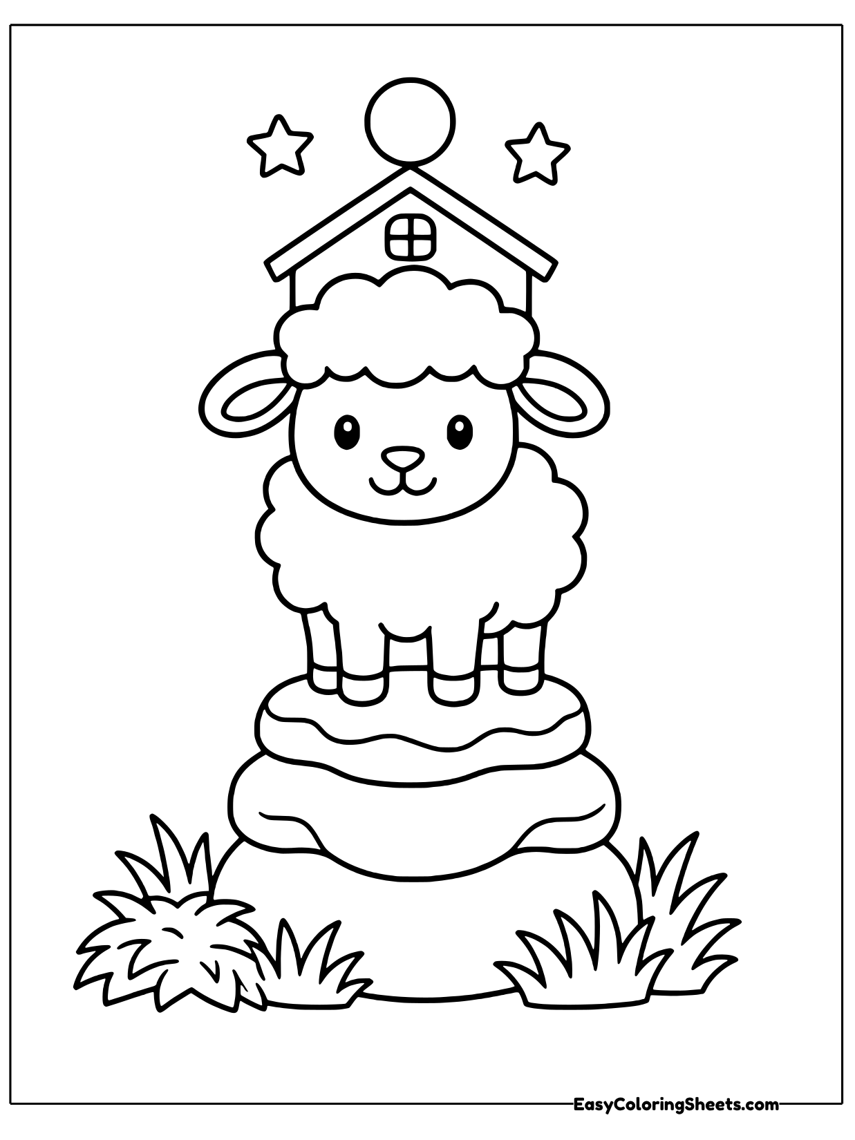A smiling sheep with a cloudlike fleece stands on top of a few rounded stones and grassy tufts.