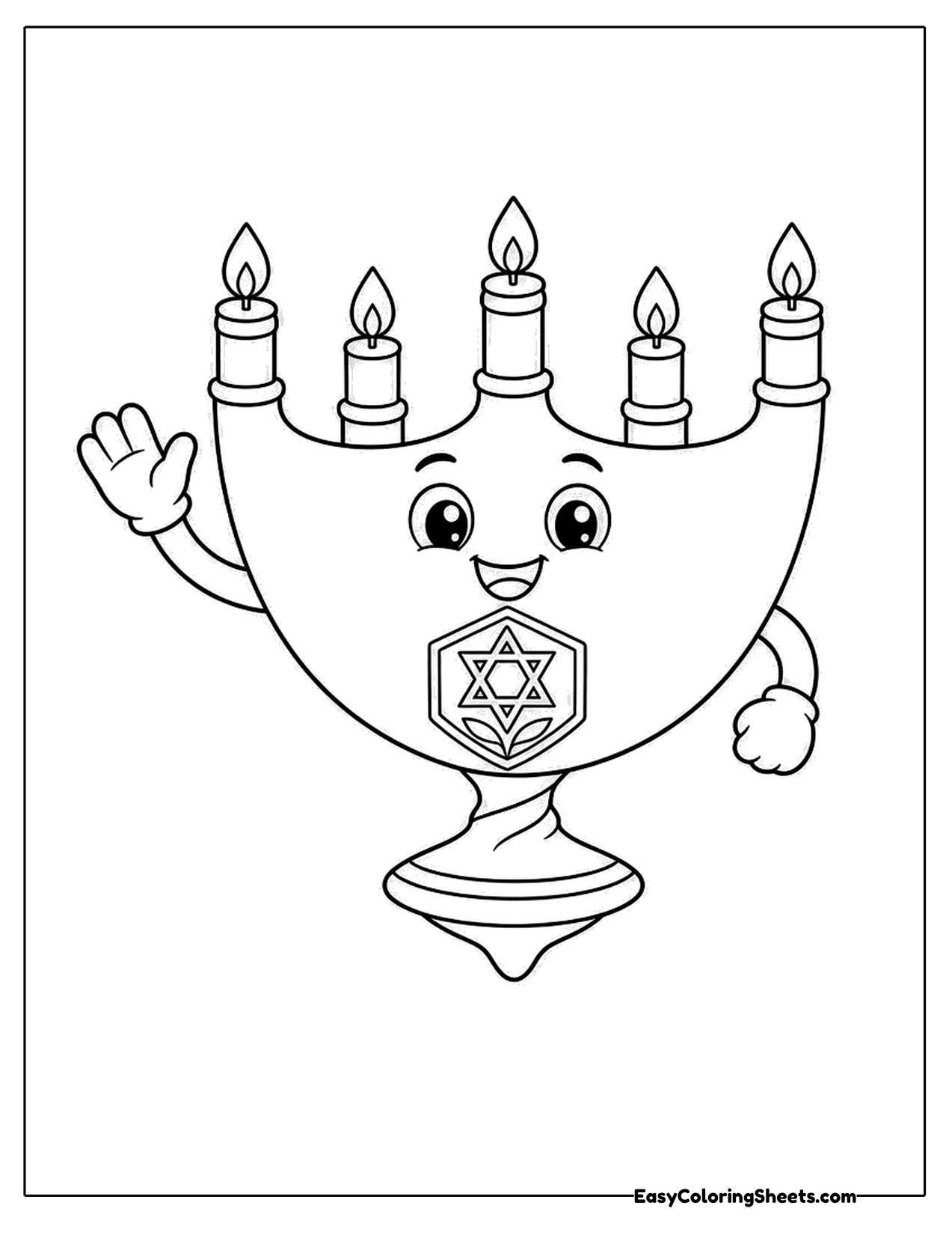 Smiling menorah character with candles and arms