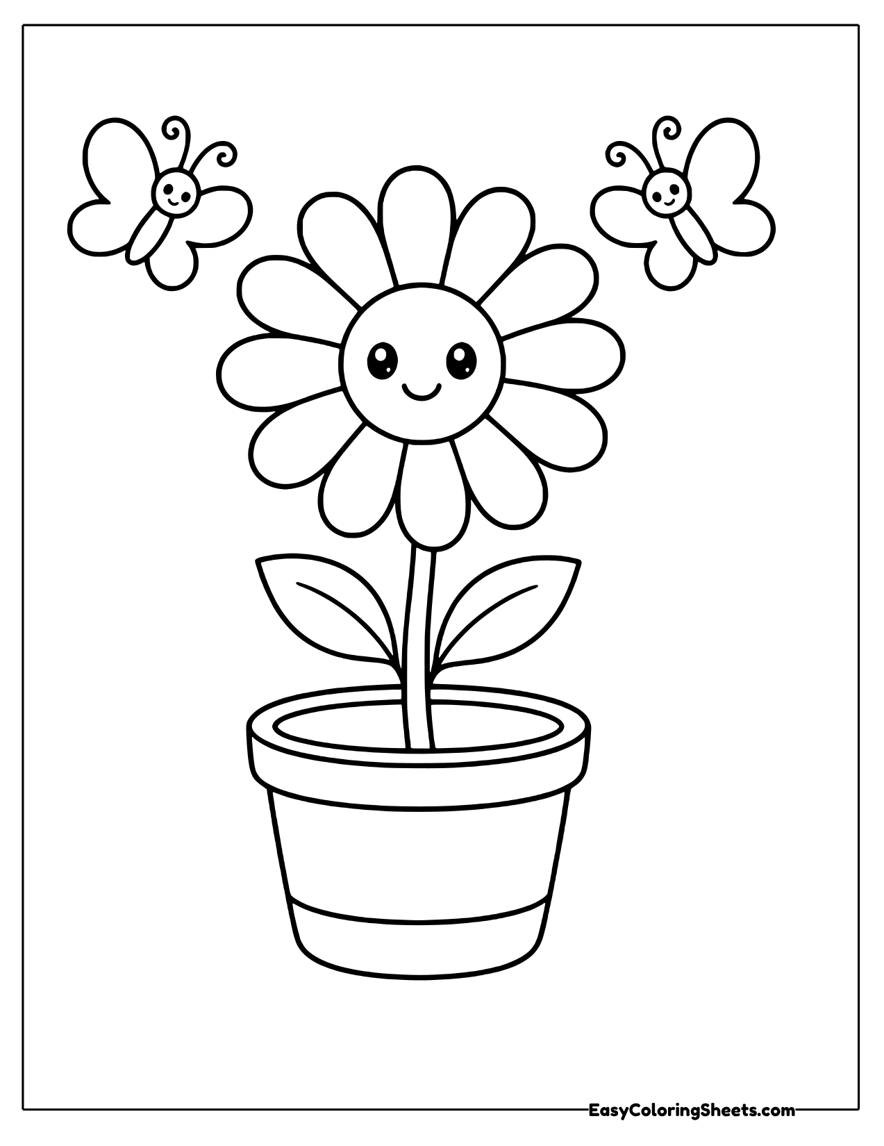 Tall smiling daisy growing in a flower pot with butterflies
