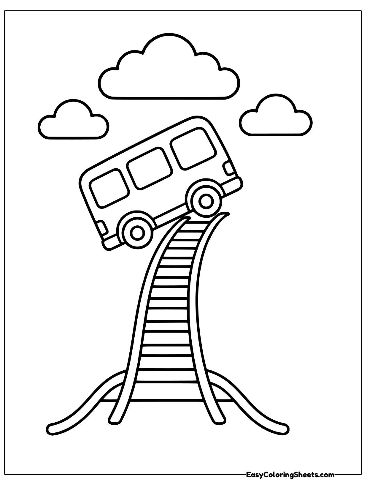 A bus tilts into the air at the top of a curved rail ramp, like a car on a roller coaster track, with clouds behind it.