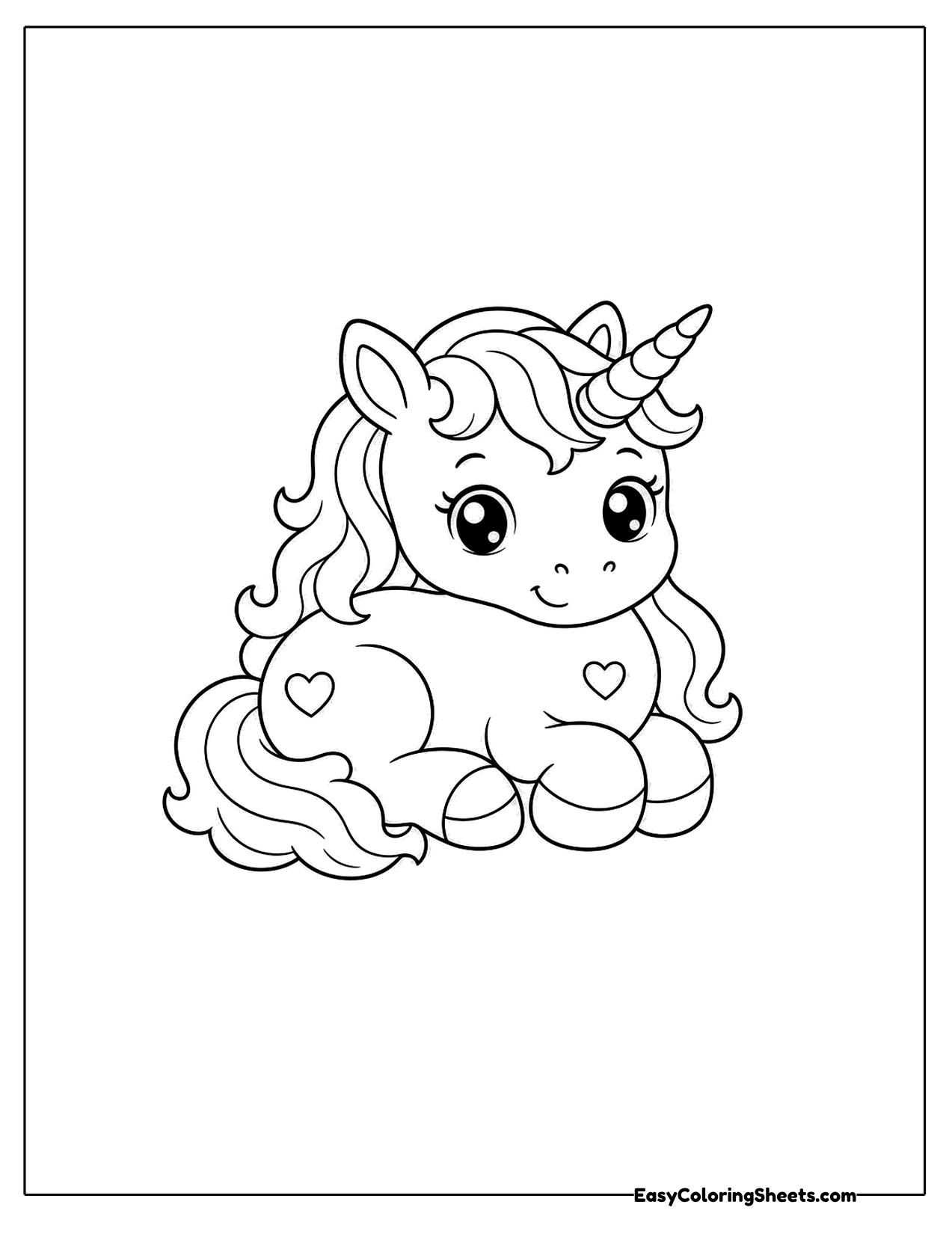 Resting unicorn with hearts on its side