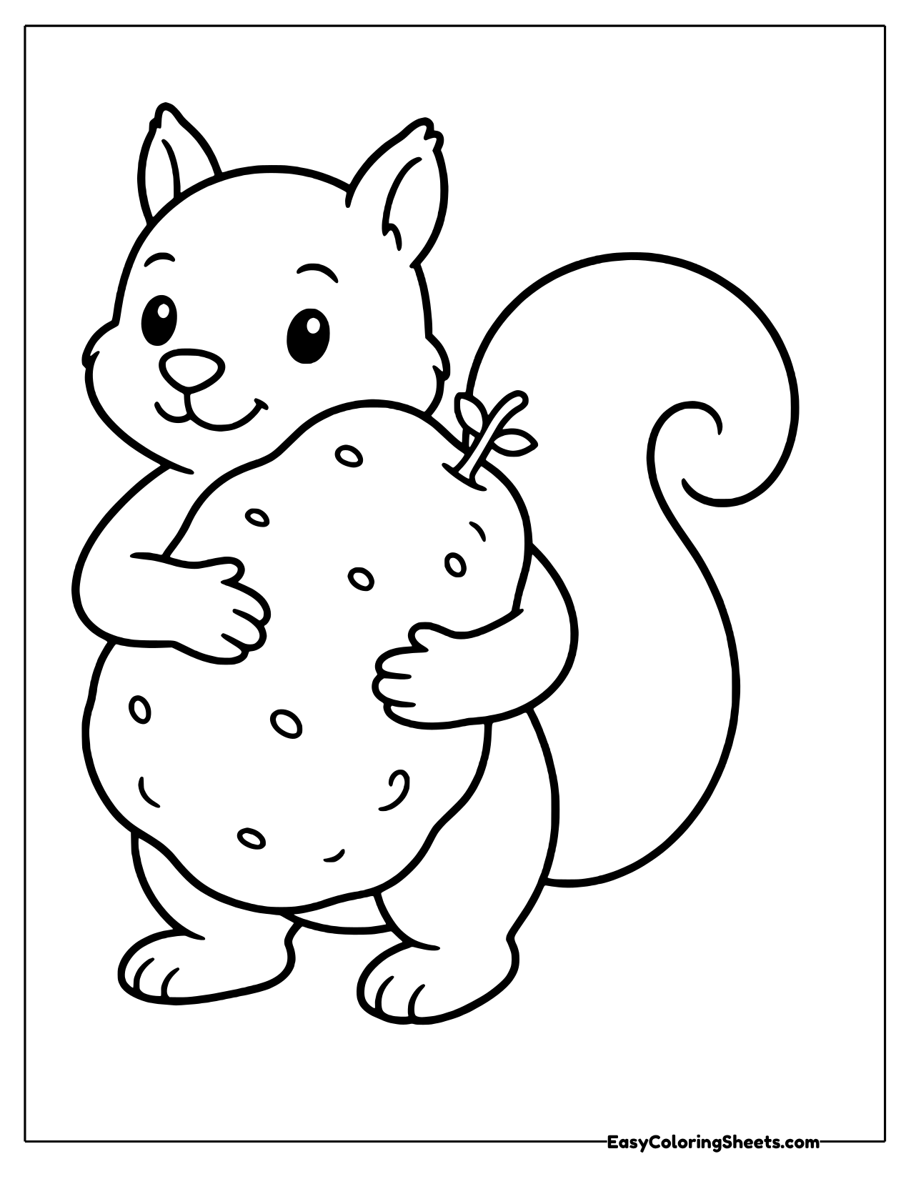 Friendly squirrel with a curly tail hugging a big lumpy potato