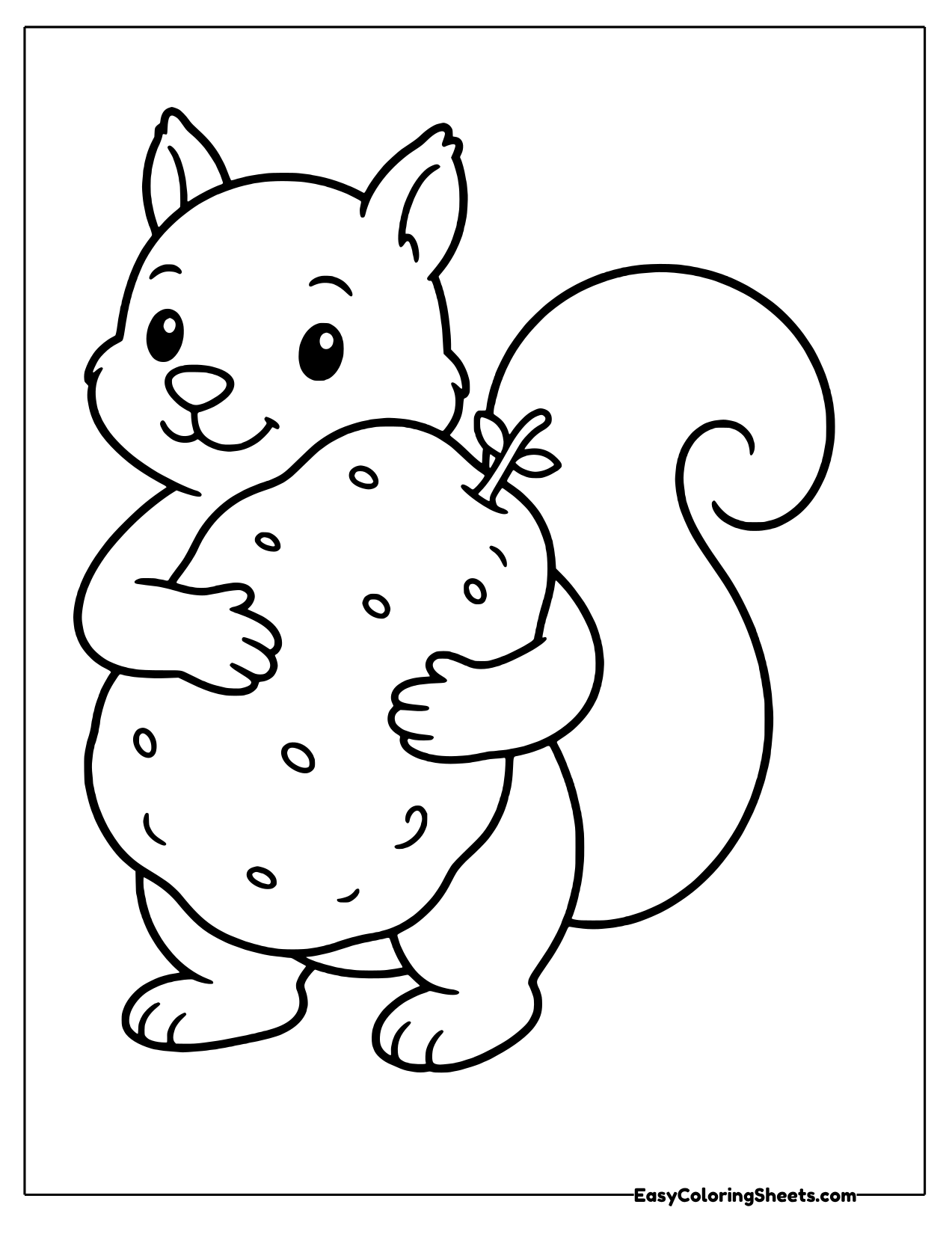 Friendly squirrel with a curly tail hugging a big lumpy potato