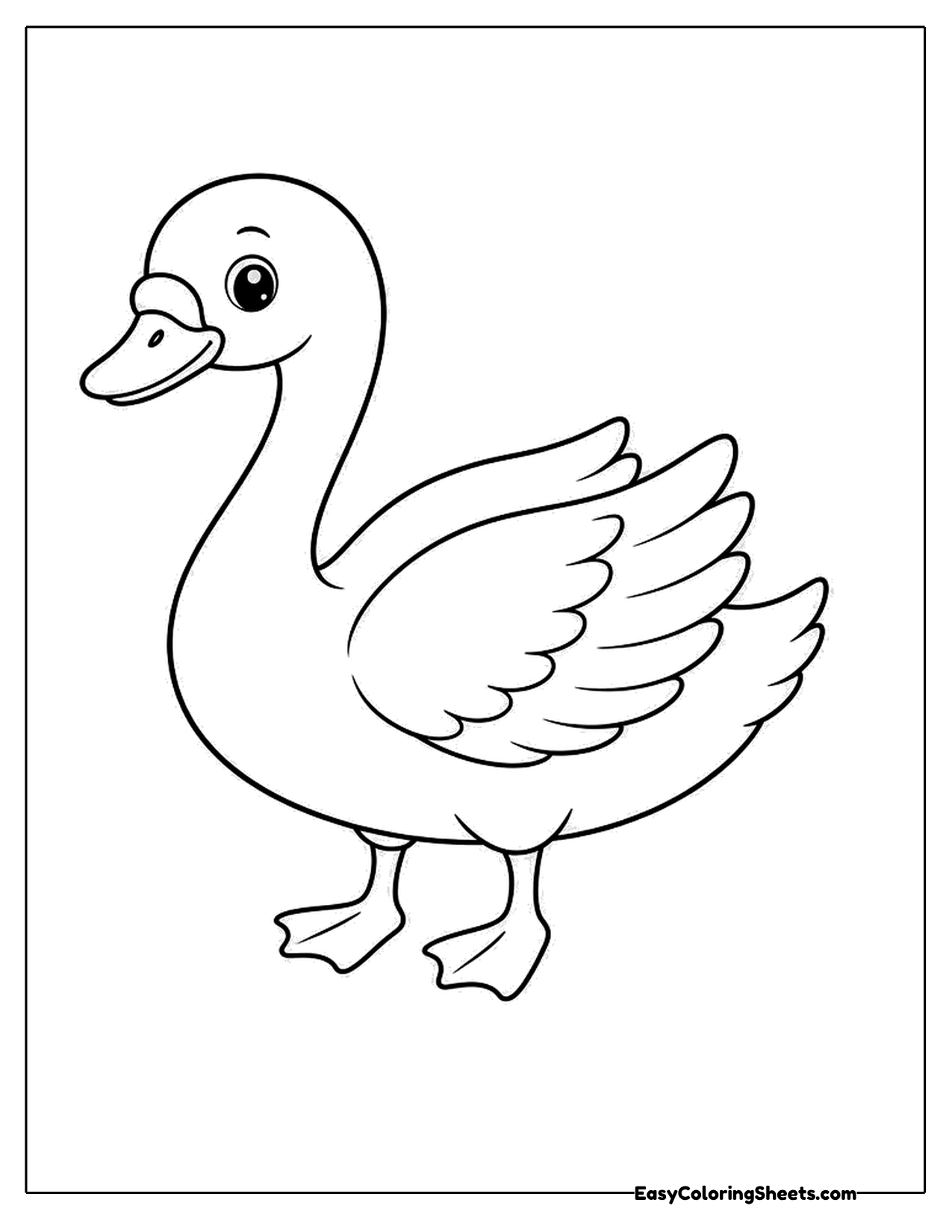 Cartoon swan with big eyes standing on land