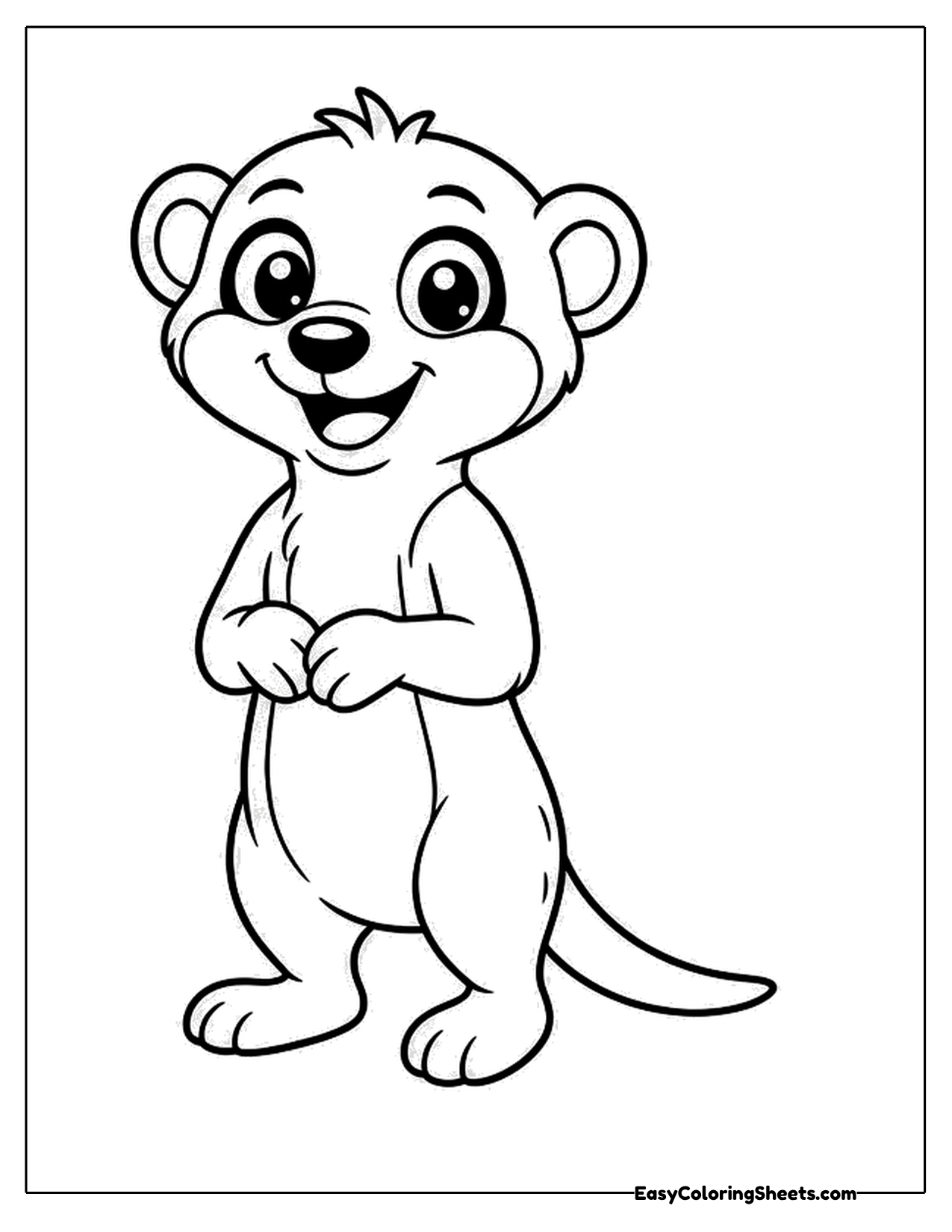 Cartoon meerkat character standing with a grin