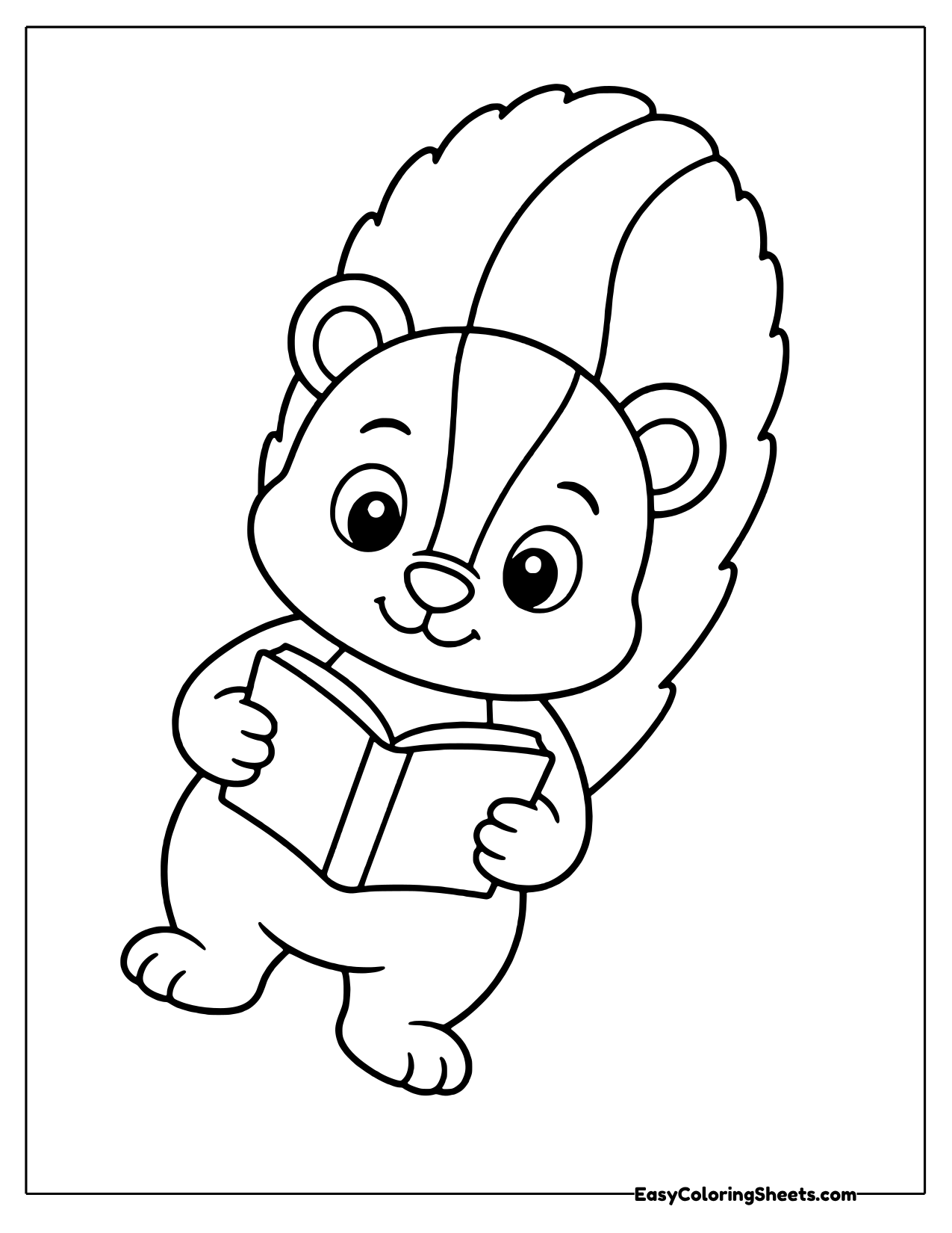 Curious little skunk reading an open book with its tail behind