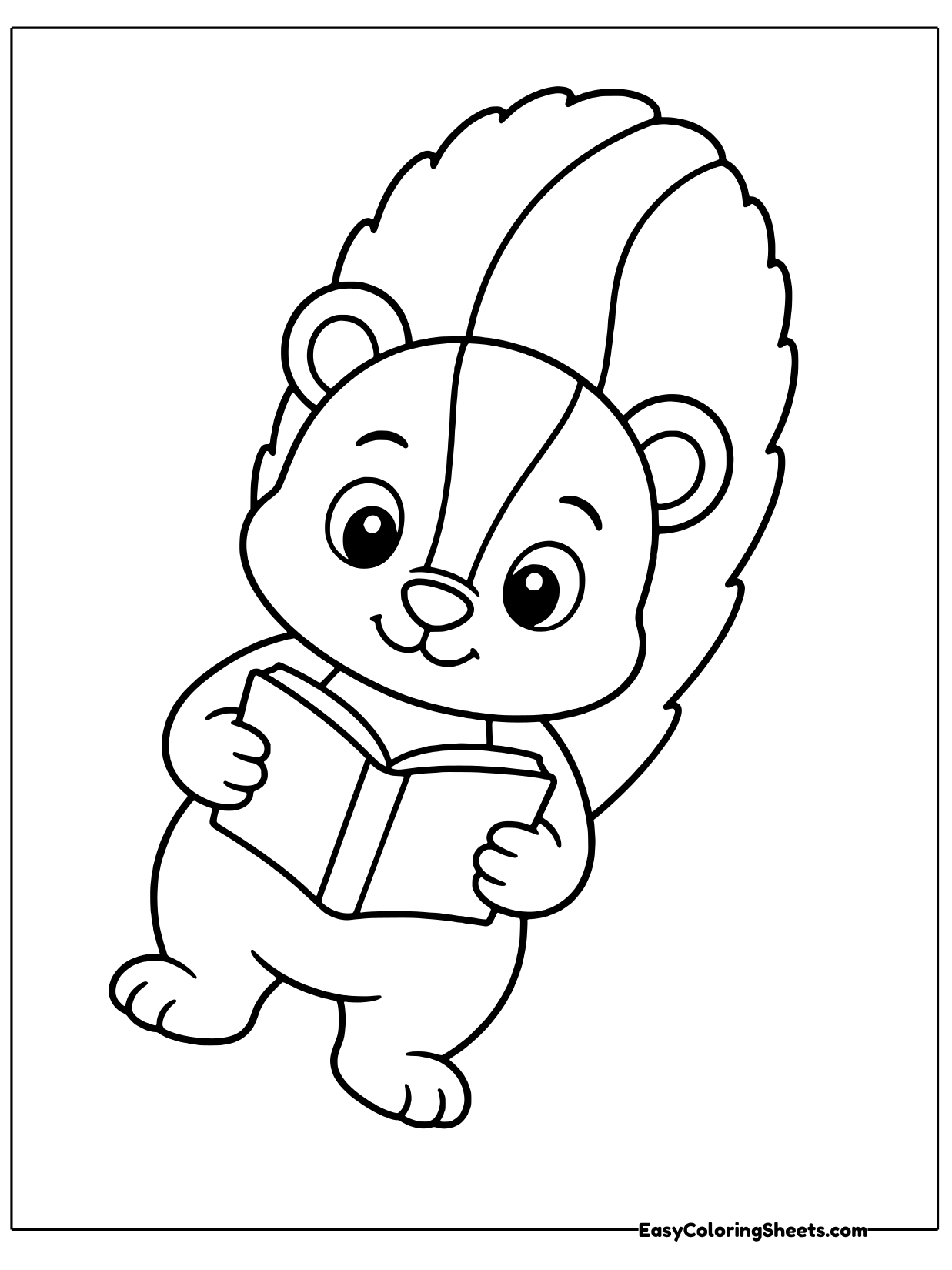 A curious little skunk holds an open book and reads with a happy smile while its big striped tail plumes up behind it.