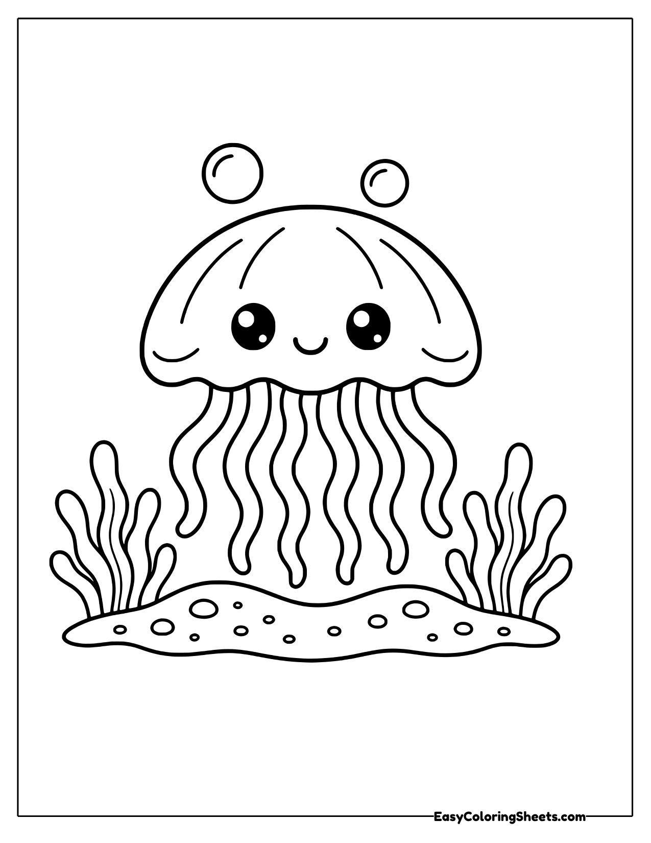 Jellyfish with a wide bell and tentacles over seaweed