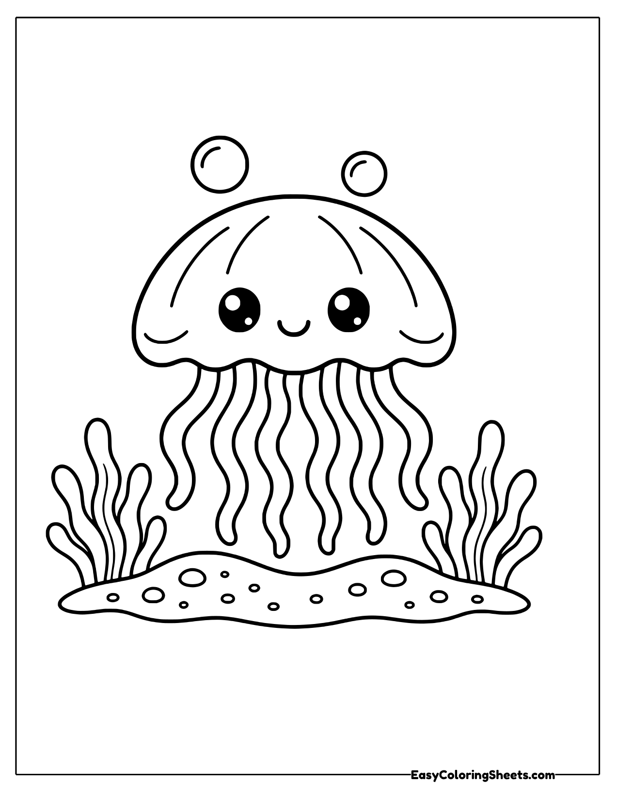 Jellyfish with a wide bell and tentacles over seaweed