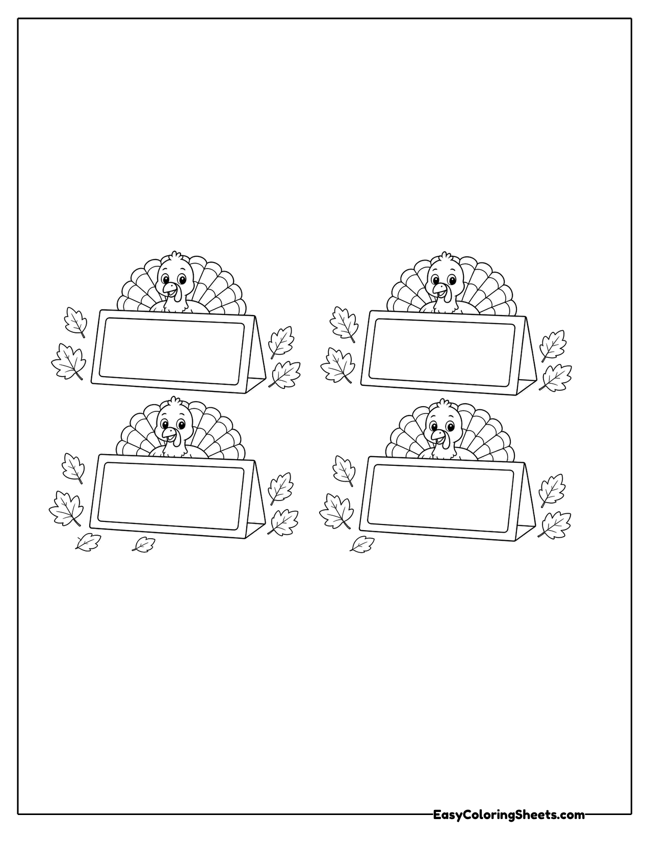Four turkey place cards with blank name panels