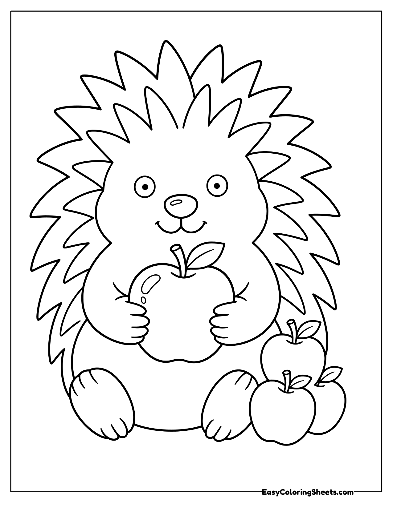 Porcupine holding an apple with two apples beside it