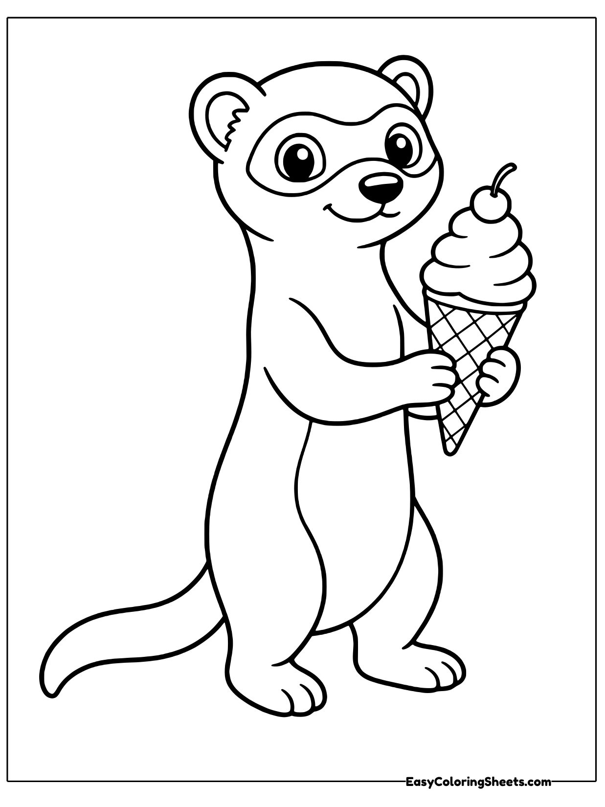 A smiling ferret raises a waffle cone topped with a swirly scoop of ice cream.