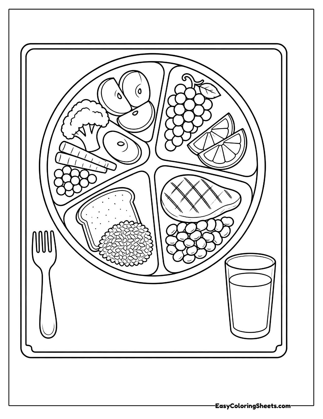 Healthy plate divided into food groups with milk